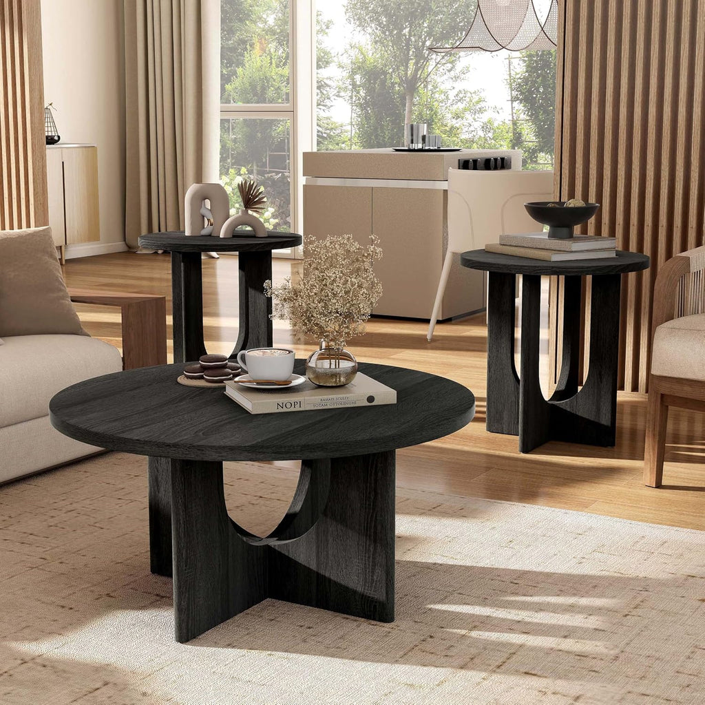 Furniture of America Ravyn Modern 3 Piece Round Coffee Table Set with Cutout Trestle Base, Living Room Set for Small Space, Home Office, Bedroom, Grey