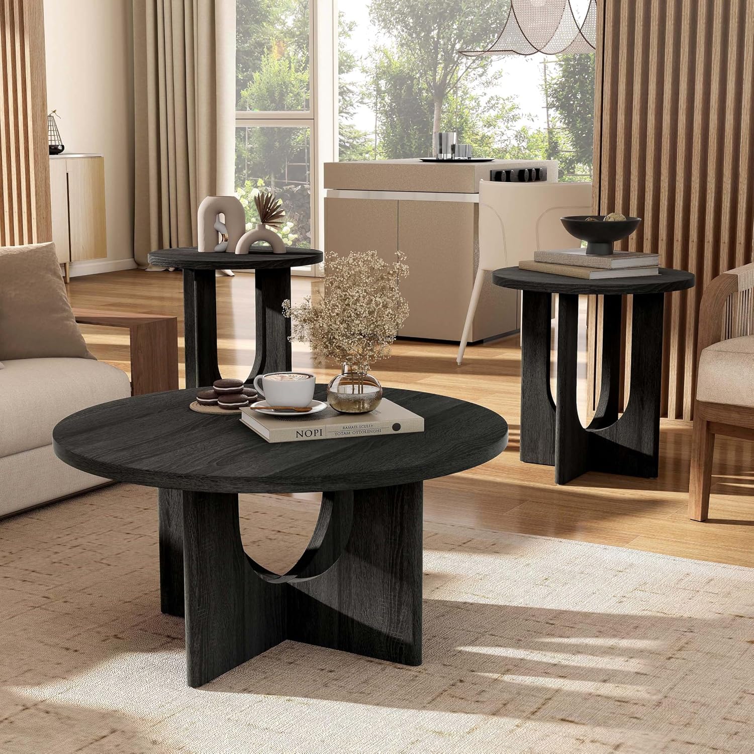 Furniture of America Ravyn Modern 3 Piece Round Coffee Table Set with Cutout Trestle Base, Living Room Set for Small Space, Home Office, Bedroom, Grey