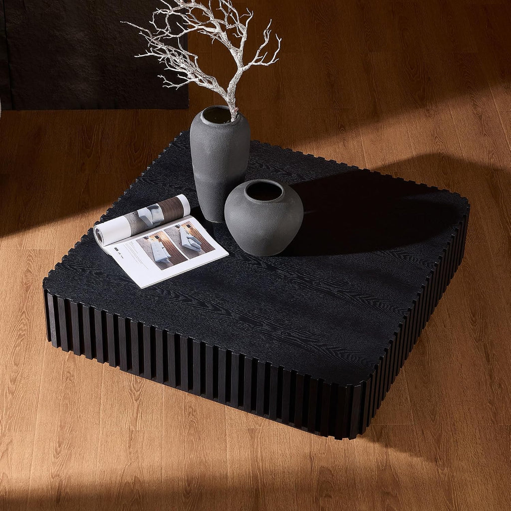 WILLIAMSPACE 35.43' Square Coffee Table with Sturdy Base, Modern Luxury Wood Drum Center Table Accent End Side Table for Living Room, Minimalist Fluted Design, Black
