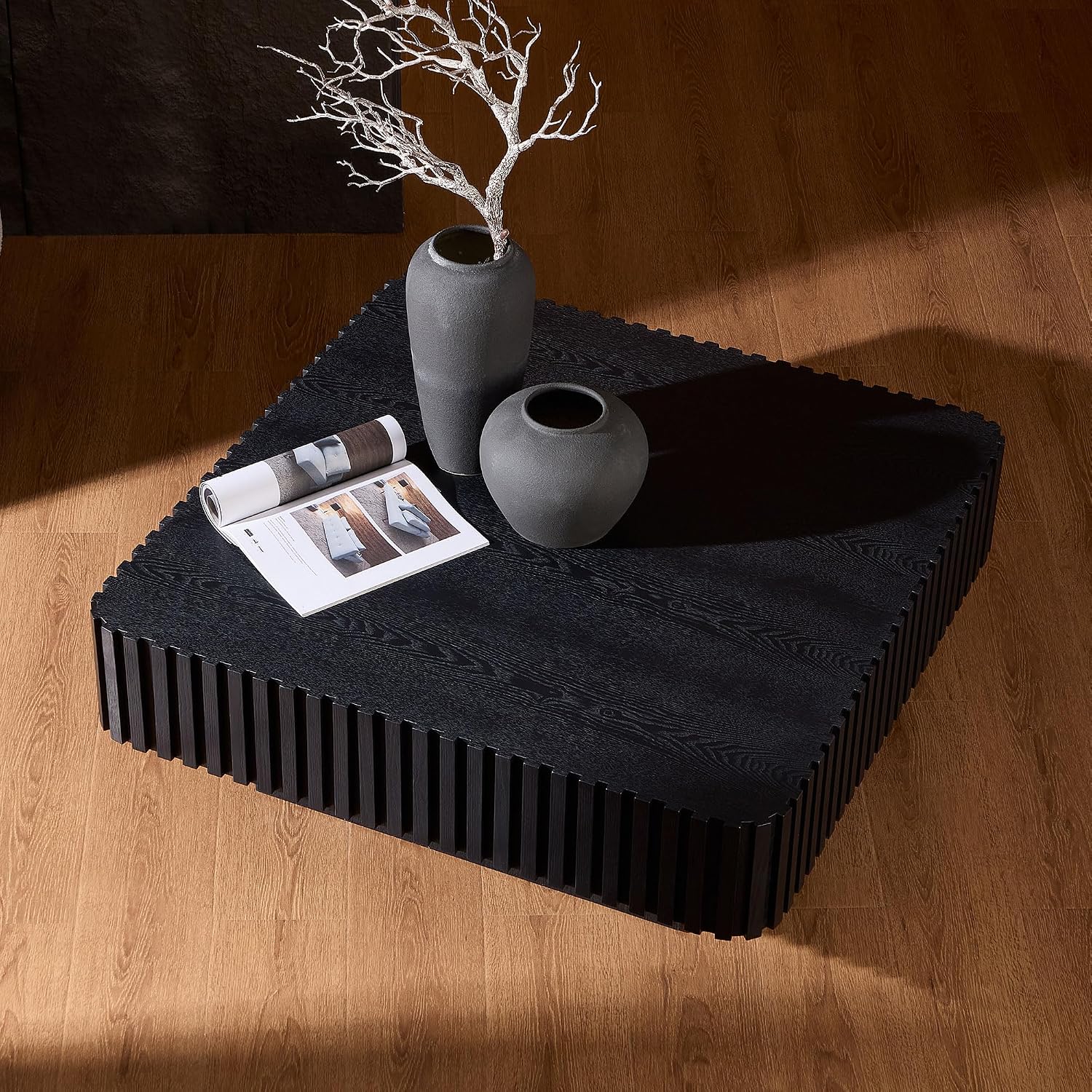WILLIAMSPACE 35.43' Square Coffee Table with Sturdy Base, Modern Luxury Wood Drum Center Table Accent End Side Table for Living Room, Minimalist Fluted Design, Black
