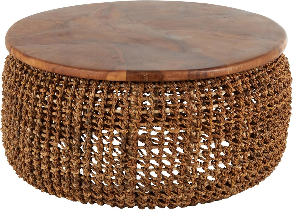 Deco 79 Rattan Living Room Coffee Table Woven for Home with Teak Tabletop, Center Table 33' x 33' x 16', Brown