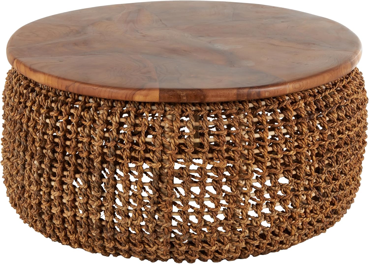 Deco 79 Rattan Living Room Coffee Table Woven for Home with Teak Tabletop, Center Table 33' x 33' x 16', Brown