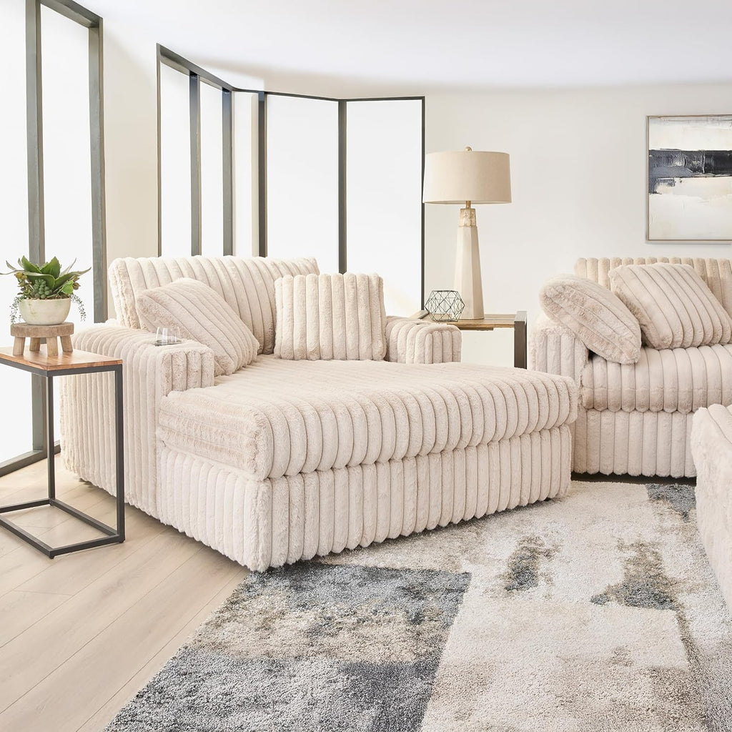 Roundhill Furniture Belvoir 3-Piece Living Room Set, Sofa Cuddle Chaise and Ottoman, Beige Champagne