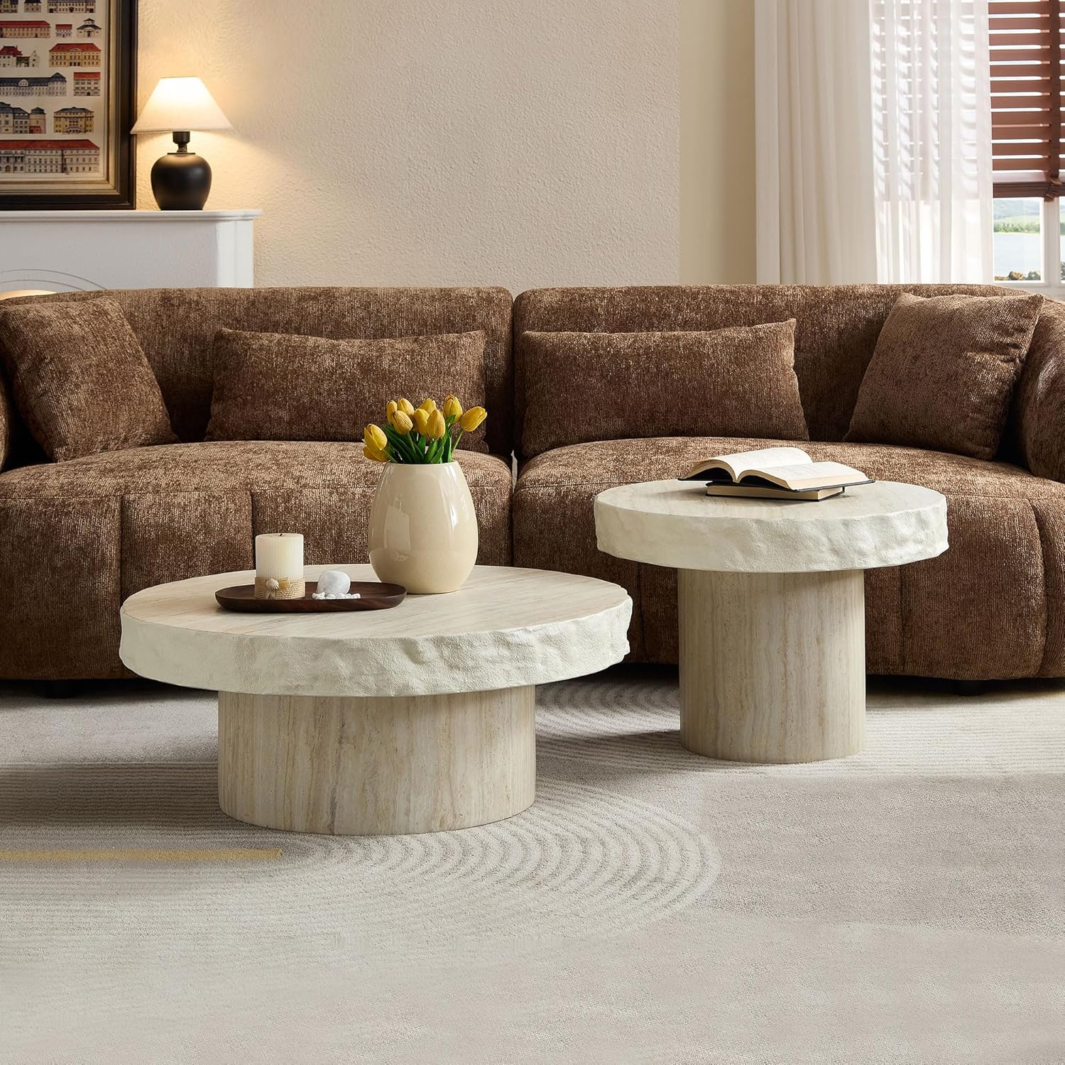 Set of 2 Round Coffee Tables for Living Room, 31.7' W x 13' H Faux Mars Circle Drum Pattern Modern Minimalist 23.82' W x16.93 Side Tables Accent End Table for Apartment, Office, Beige