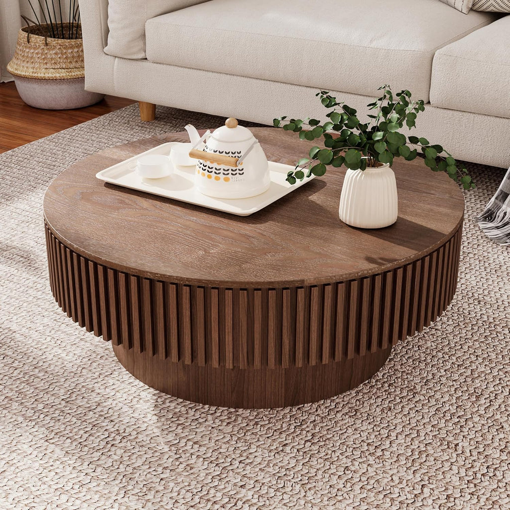 WILLIAMSPACE 31.49' Round Coffee Table with Storage for Living Room, Modern Circle Center Table with Solid Wood Veneered & Sturdy Pedestal, Accent End Tea Table for Apartment - Walnut