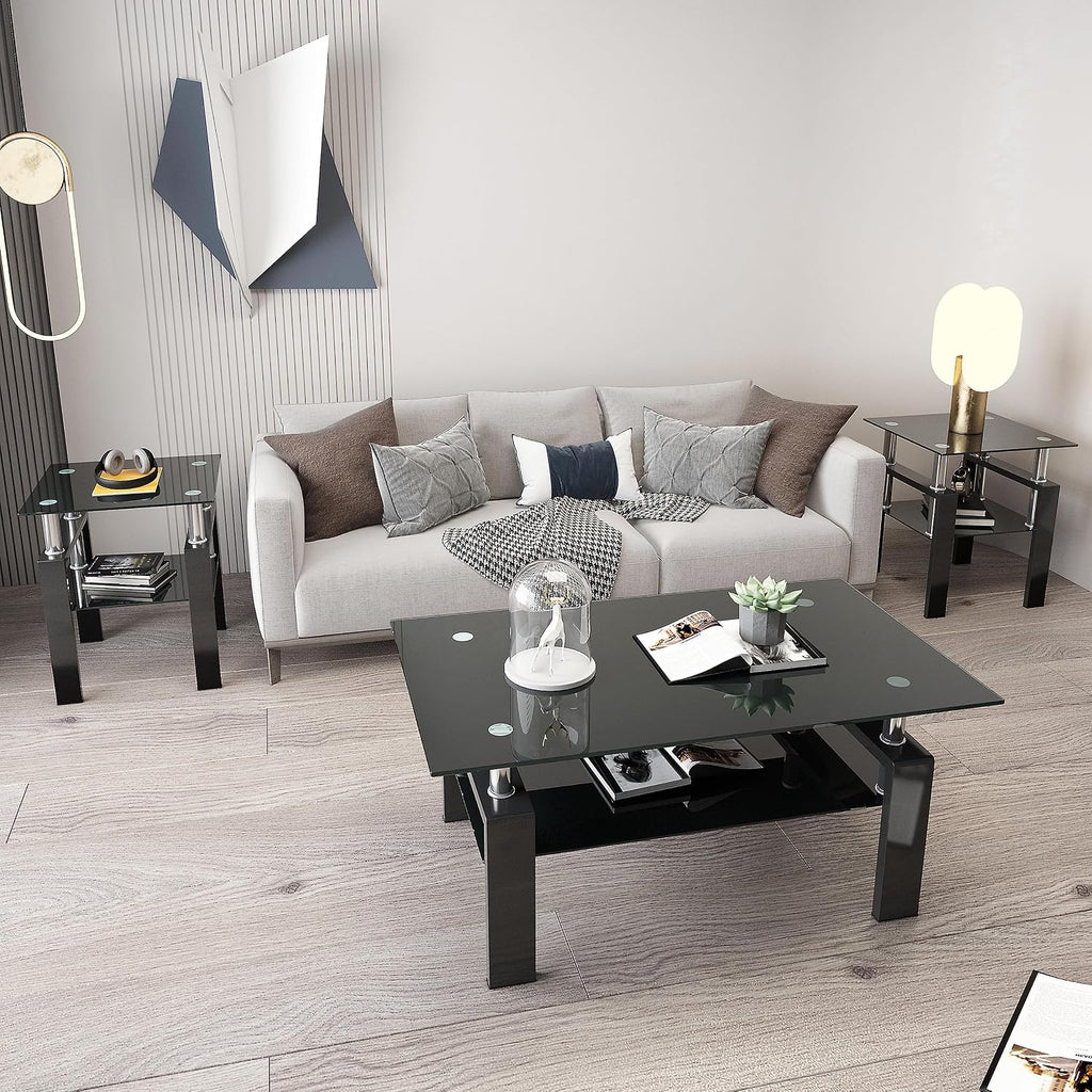 Glass Coffee Table Sets of 3 for Living Room, Mordern End Table Sofa Side Tables with Storage, Black Metal Leg, Rectangle Tempered Center Table Home Furniture Set (All Black)