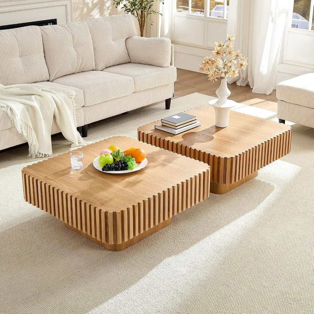 31.49'' Square Coffee Table for Living Room, Modern Wood Drum Pedestal Flute Embossment Coffee Table, Easy Assembly, Oak