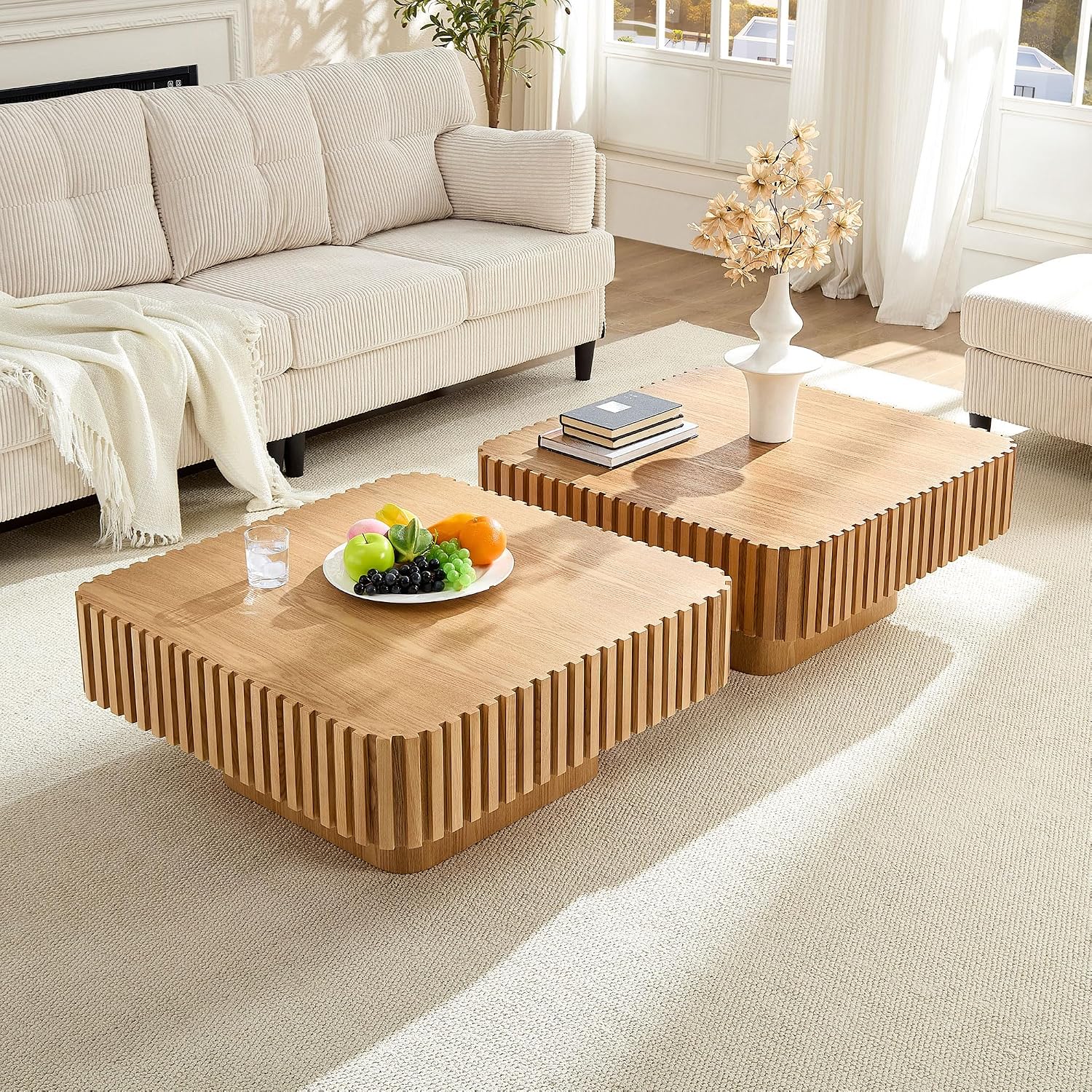 31.49'' Square Coffee Table for Living Room, Modern Wood Drum Pedestal Flute Embossment Coffee Table, Easy Assembly, Oak