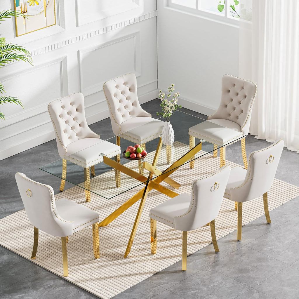 61' Modern Dining Table Set for 6, Rectangular Tempered Glass Dining Table and 6 Beige Velvet Dining Chairs, Luxury 7 Piece Kitchen Dining Room Tables Set with Gold Chrome Metal X-Base