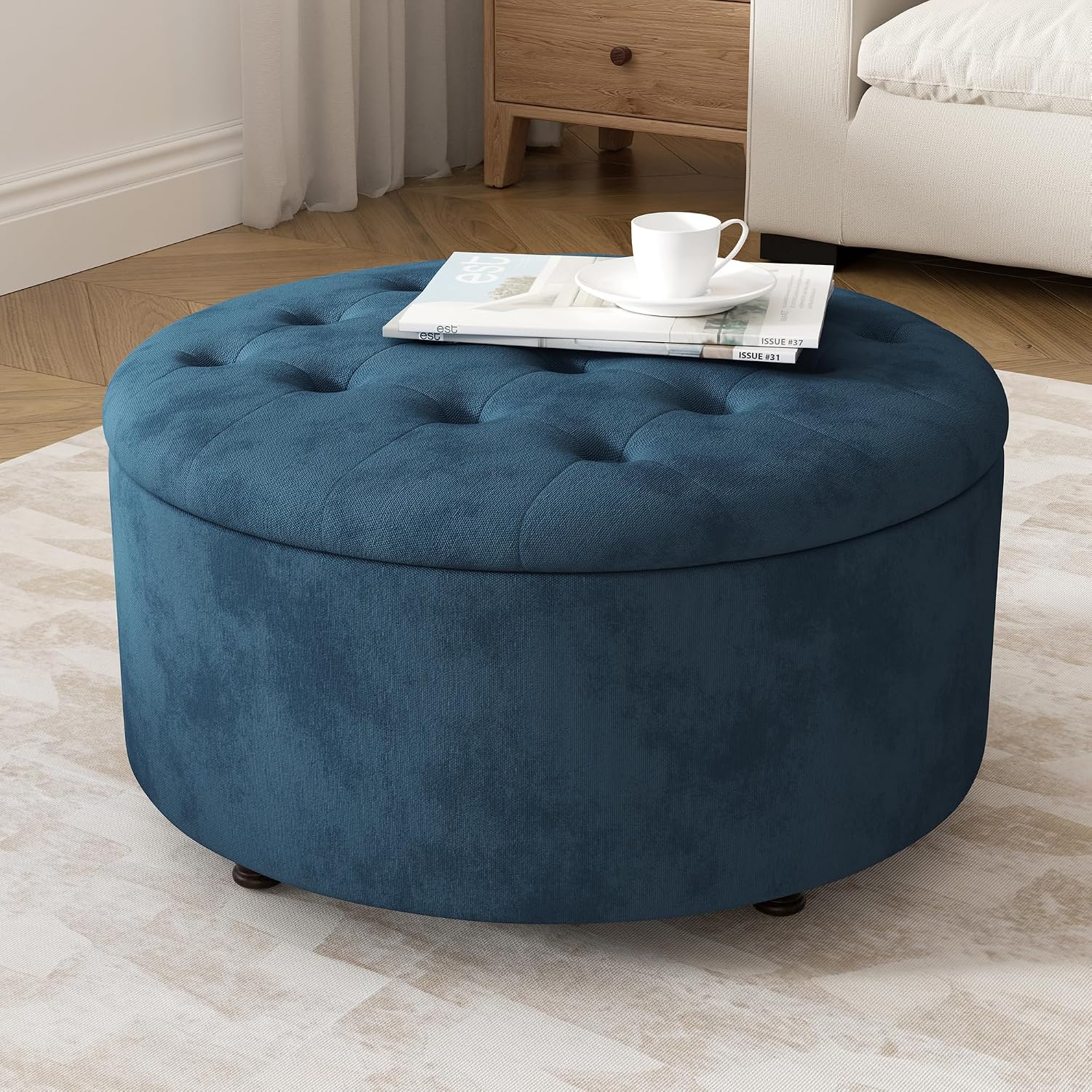 30 Inch Round Storage Ottoman,Modern Blue Tufted Ottomans,Circular Coffee Table with Removable Top,Upholstered Large Ottoman with Storage Footrest Stool for Bedroom Living Room (Blue)