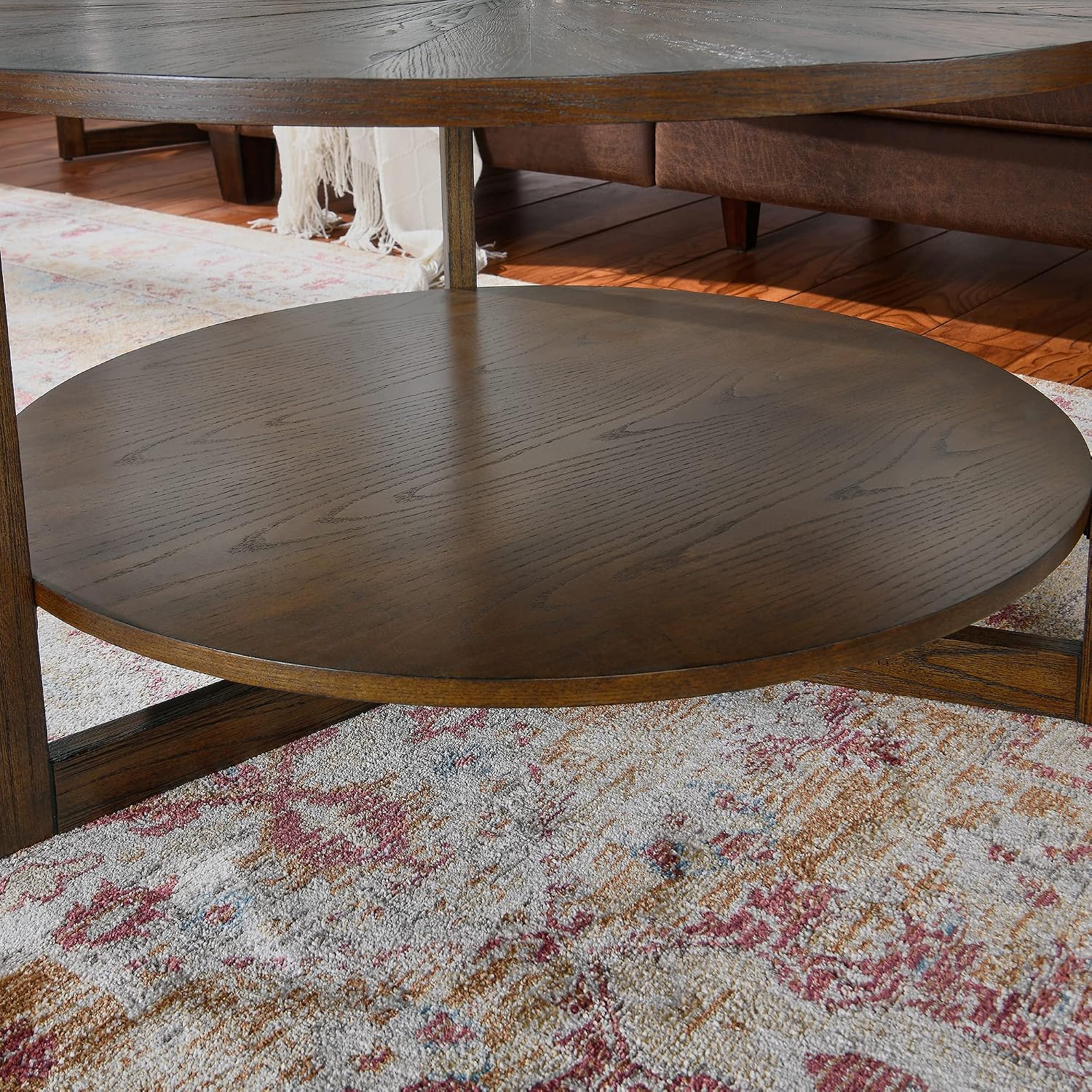 PADMA HOUSE 33.5' Round Wood Coffee Table, 2-Tier Solid Wood Rounded Circle Accent Coffee Table Center Cocktail Table Vintage Furniture for Home Living Room Bedroom,Espresso Brown 3338NC