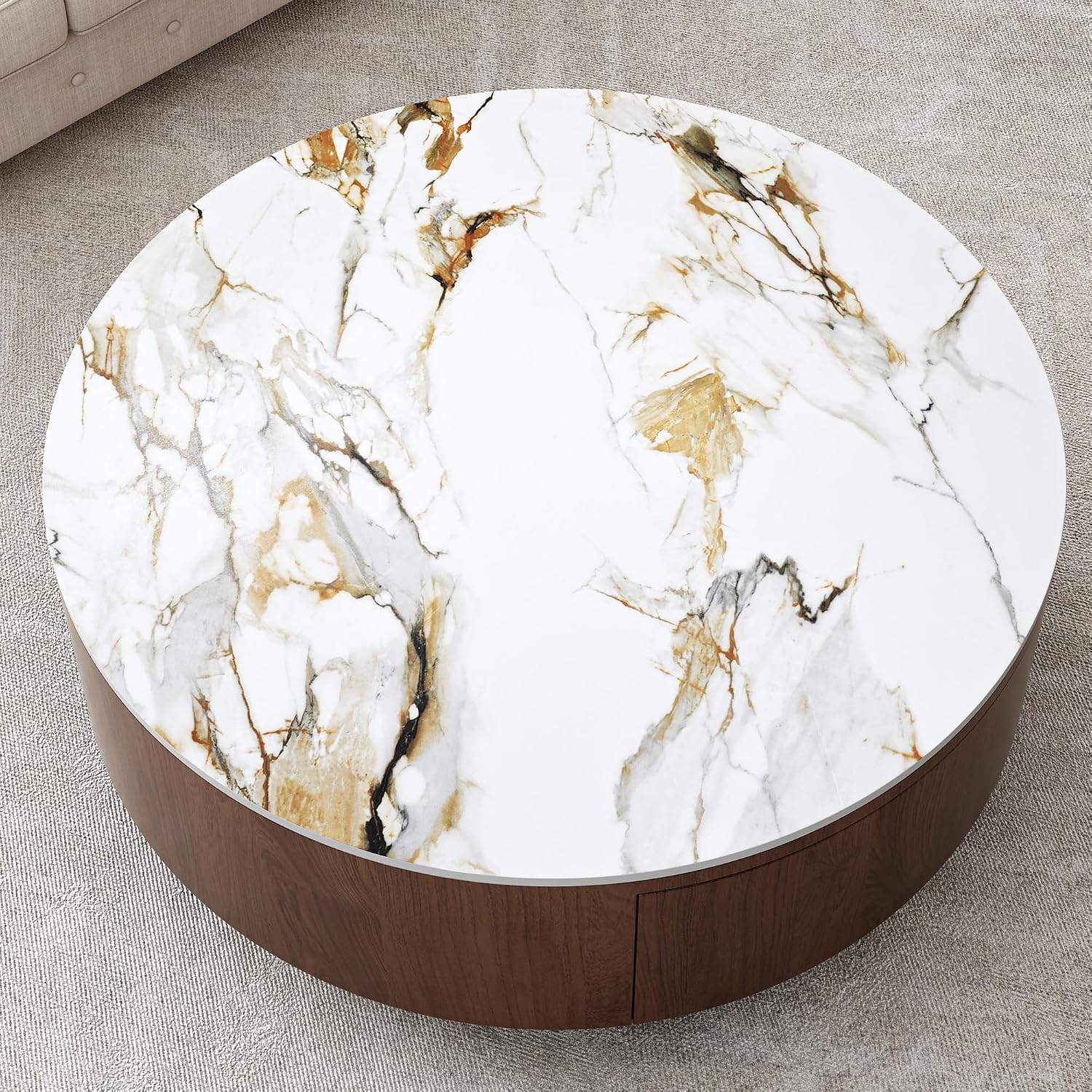 35.4'' Sintered Stone Round Coffee Table with 2 Drawer Storage Space, Modern Wood Circle Drum Coffee Table for Living Room, Stainless Legs, Brown & White