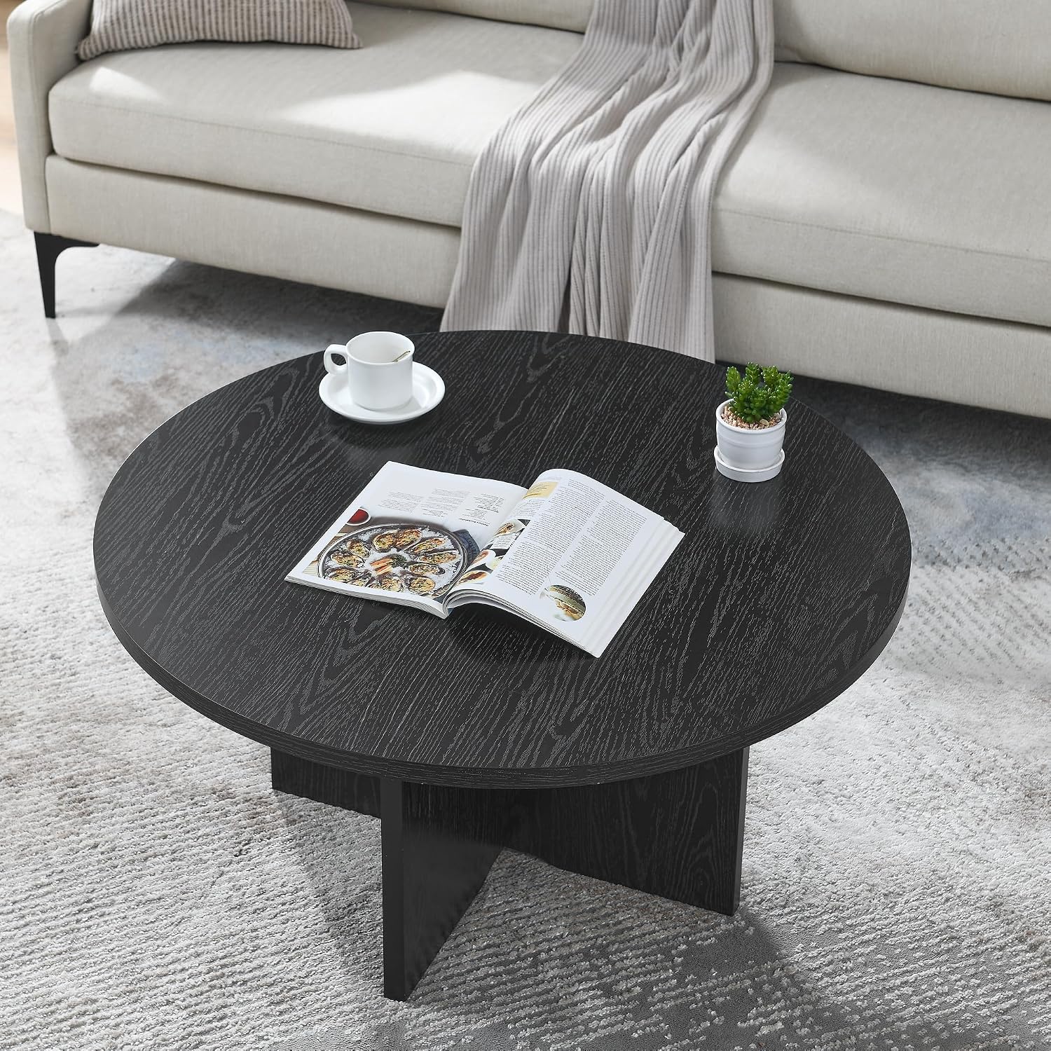 35.8' Black Round Coffee Table, Furniture Table,Modern Accent Table with Reverse Arch,Multi-Purpose Side Table, Veneer Finish End Table for Living Room,Bedroom,Office,and Small Spaces (Black,35.8')