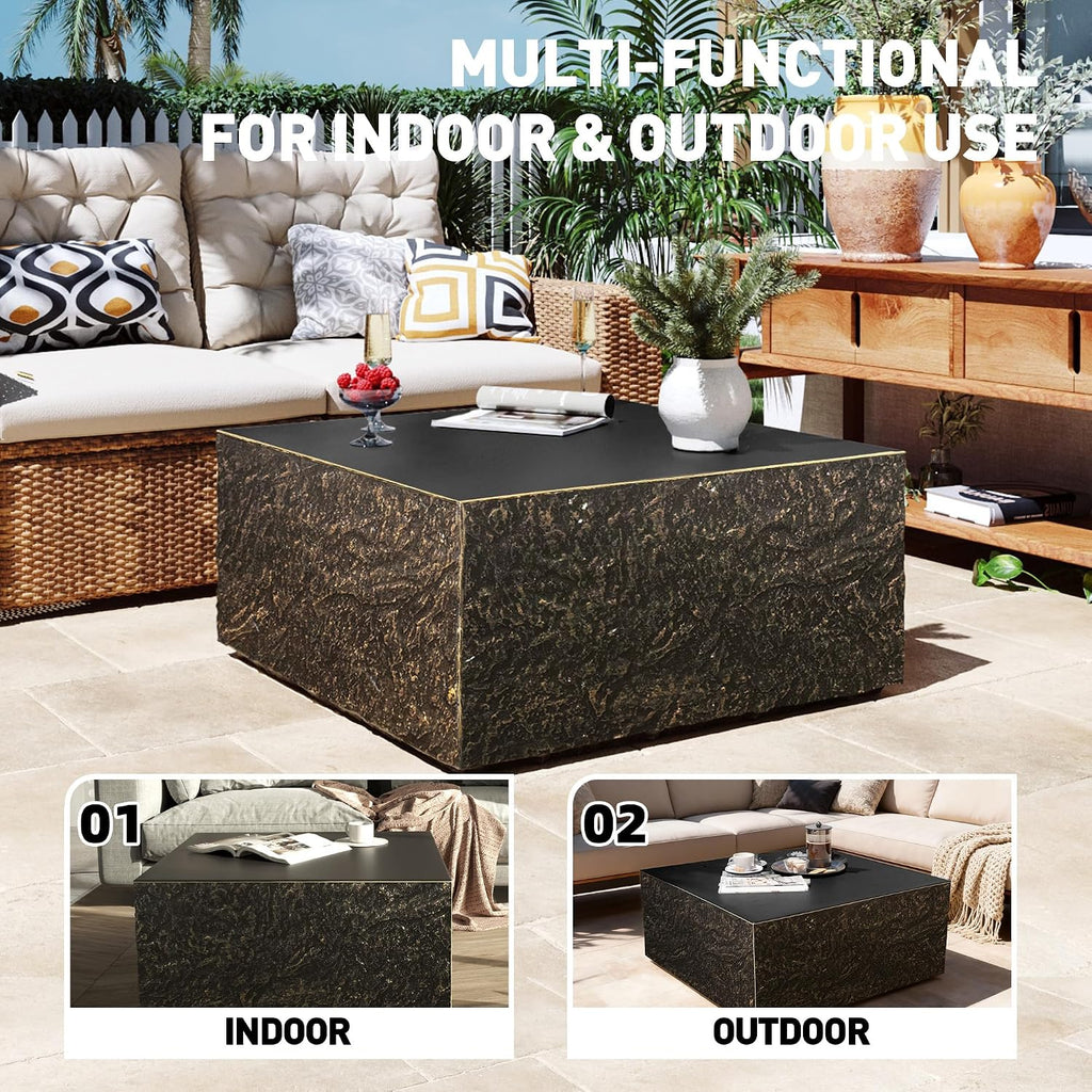 Patio Watcher 28' Modern Square Coffee Table, Light Concrete Textured Center Table for Living Room, Stone Accent Coffee Tea Table for Apartment, 28'×28'×13', No Assembly, Bronze