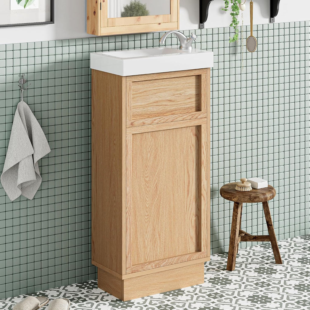 15.75' Rustic Bathroom Vanity with MDF Cabinet & Adjustable Shelf, Stylish Reversible Resin Sink & Push-to-Open Door - Perfect for Small Spaces!