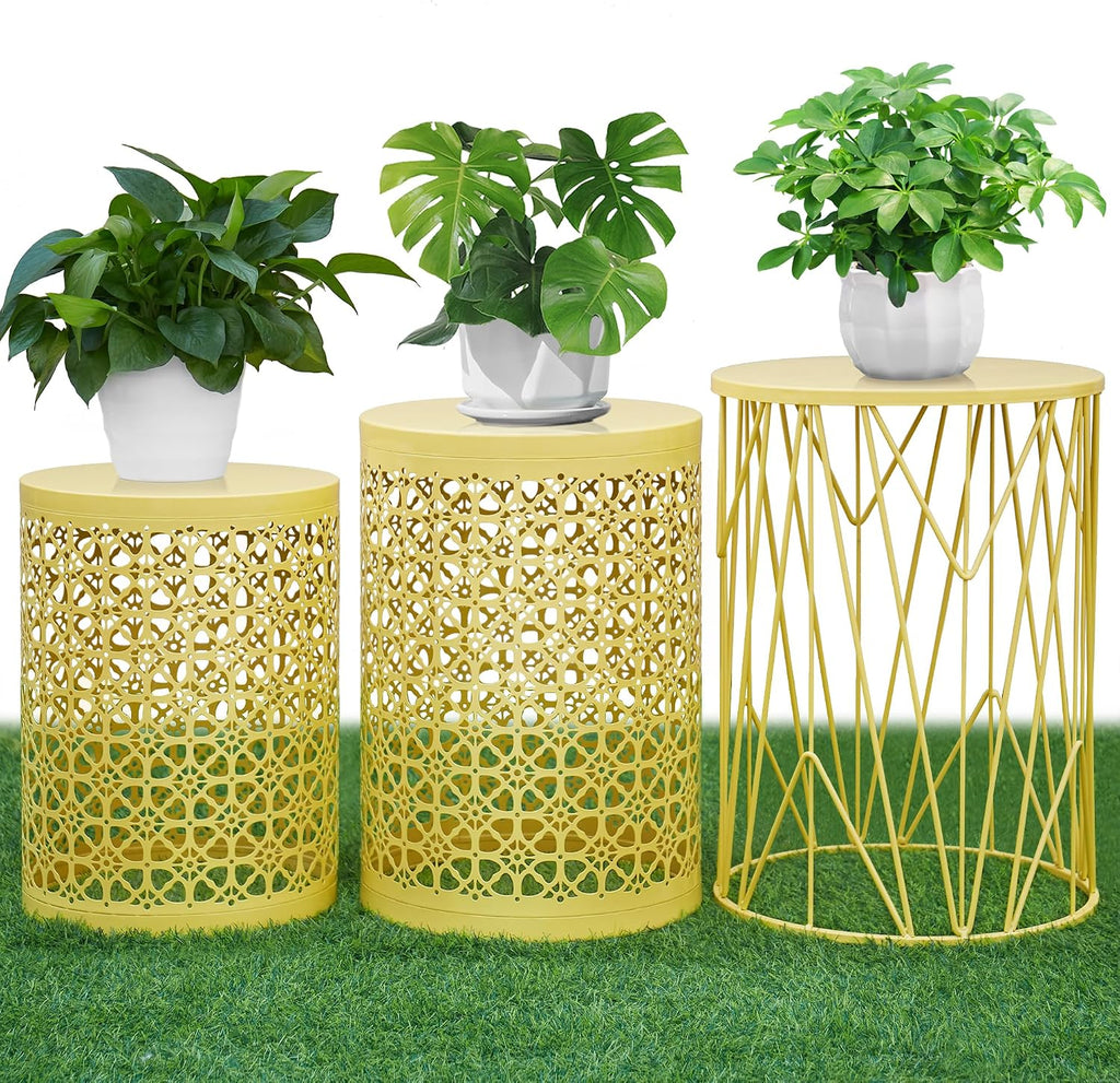 HFHOME Set of 3 Heavy-Duty Round End Table, Side Table, Coffee Table for Indoor Multifunctional Use, Outdoor Decorative Garden Stool Plant Stand-Yellow