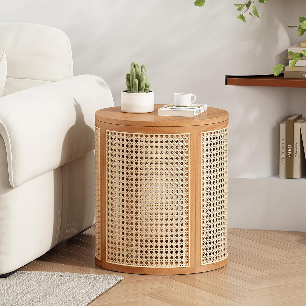 Christopher Knight Home Aurl 15.70' Round End Table, Hollow Woven Side Table, Small Rubber Wood Nightstand, Rattan Woven Tea Desk, Round Wood Tabletop, Chic Home Deor Desk, Easy Assembly, Natural