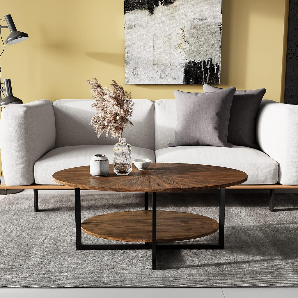 Solid Wood Oval Coffee Table with Cross Metal Legs, 43.3in Modern Industrail Center Table with Open Shelf Cocktail Tea Table for Living Room Bedroom, Rustic Brown 1811NC