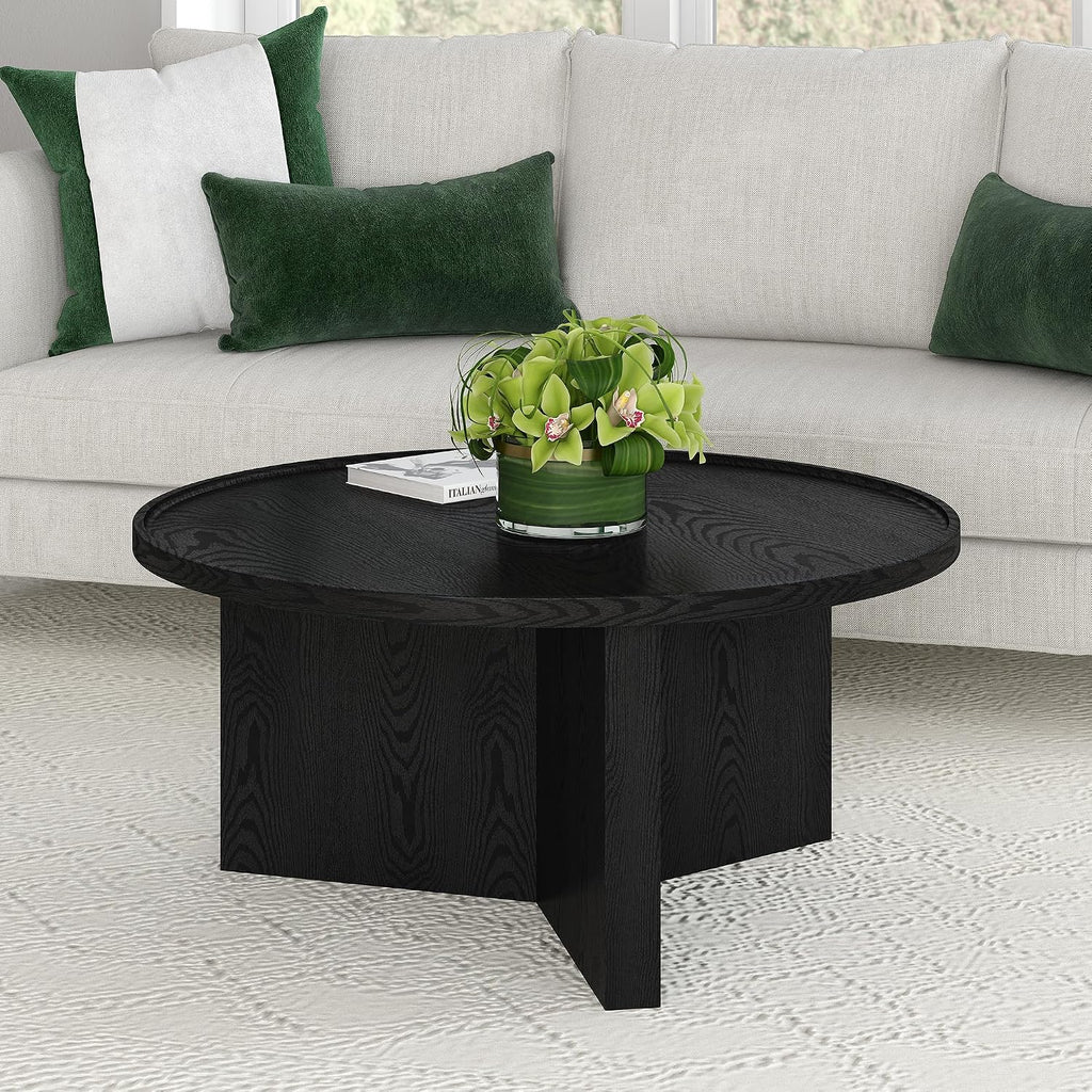 Henn&Hart 32' Round Wood Pedestal Low-Profile Coffee Table for Living Room, Family Room, Office or Apartment, Natural Black