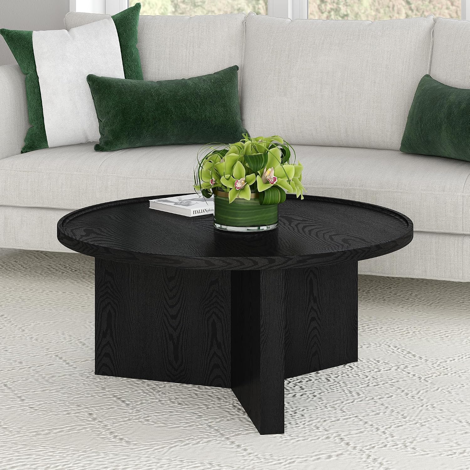 Henn&Hart 32' Round Wood Pedestal Low-Profile Coffee Table for Living Room, Family Room, Office or Apartment, Natural Black