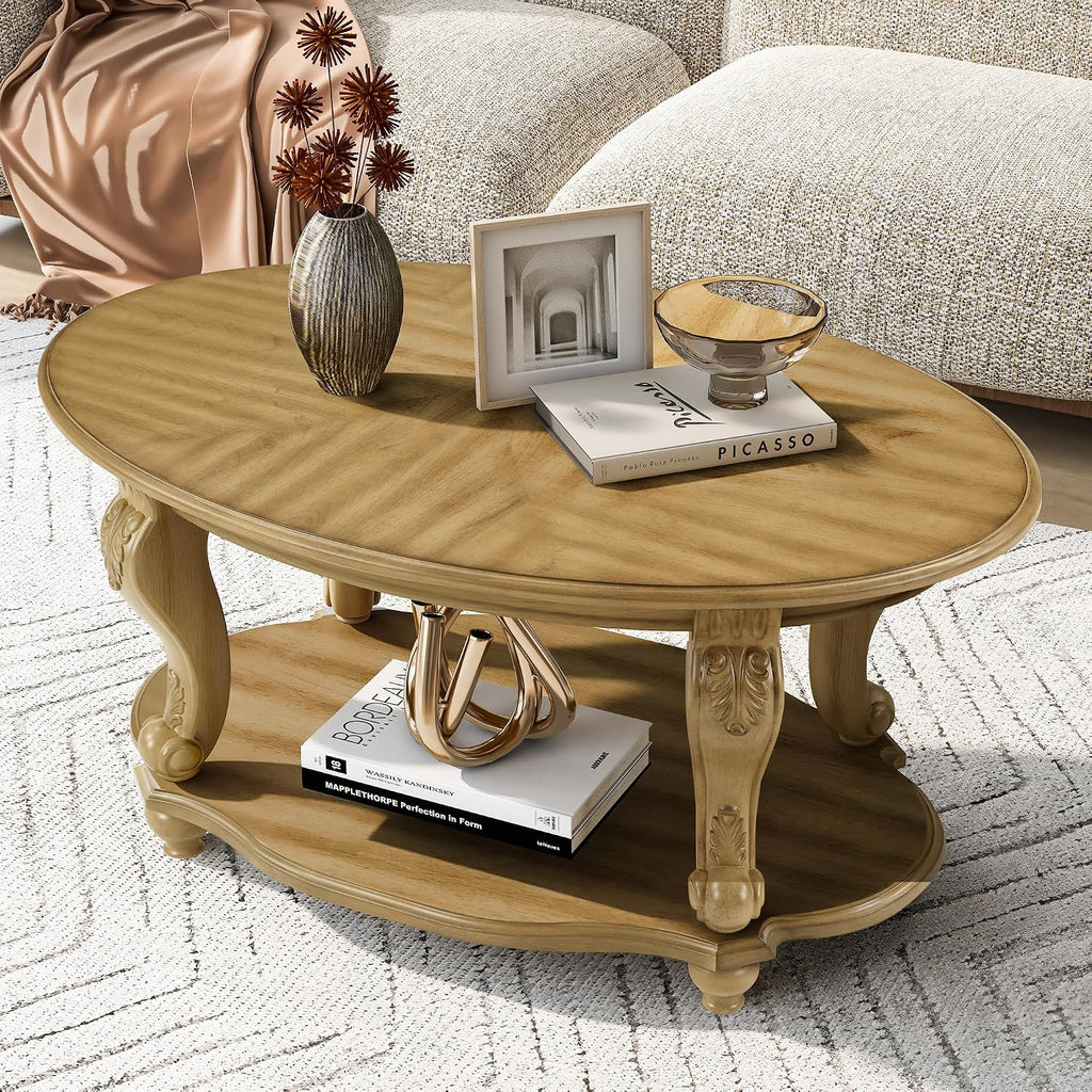 LKTART Round Coffee Table, 42' Oval Coffee Table with Storage, Victorian Center Table with Carved Legs, 2-Tier Cocktail Table for Living Room, Antique Natural