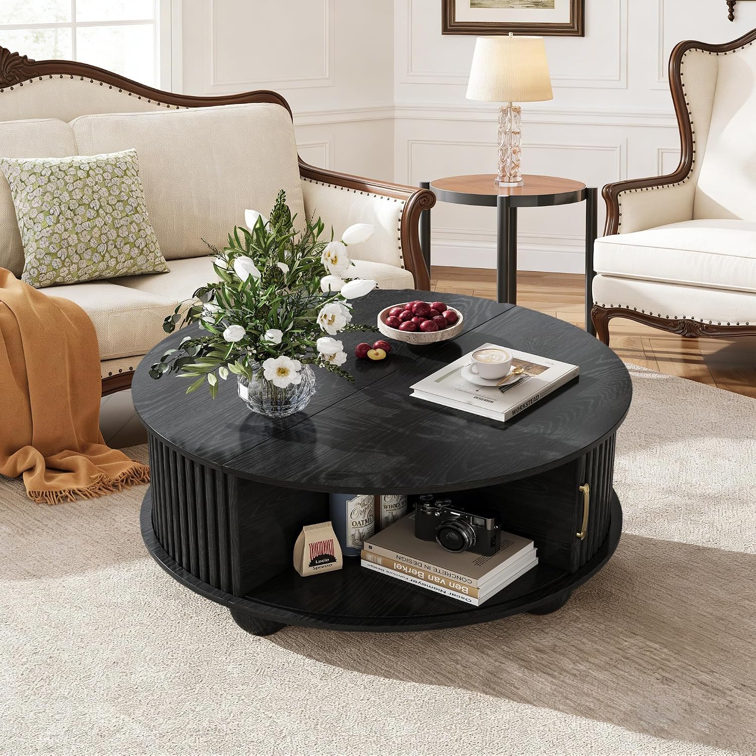 Round Coffee Table with Storage, Fluted Center Table with Sliding Tambour Door and Open Shelves, Mid Century Small Coffee Table for Living Room, Small Space, Black