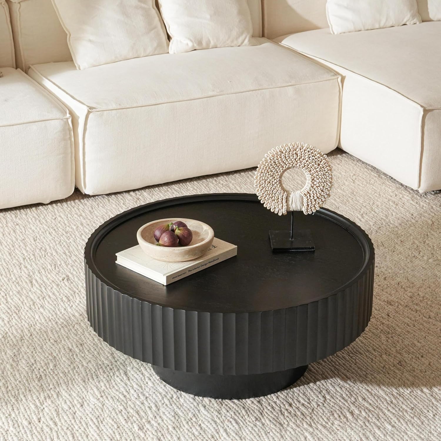 Round Coffee Table, 30.3in Modern Living Room Table, Fluted Drum Circle Tea Table with Storage, Accent Center Tables for Living Room, Apartment, Small Space (Black)
