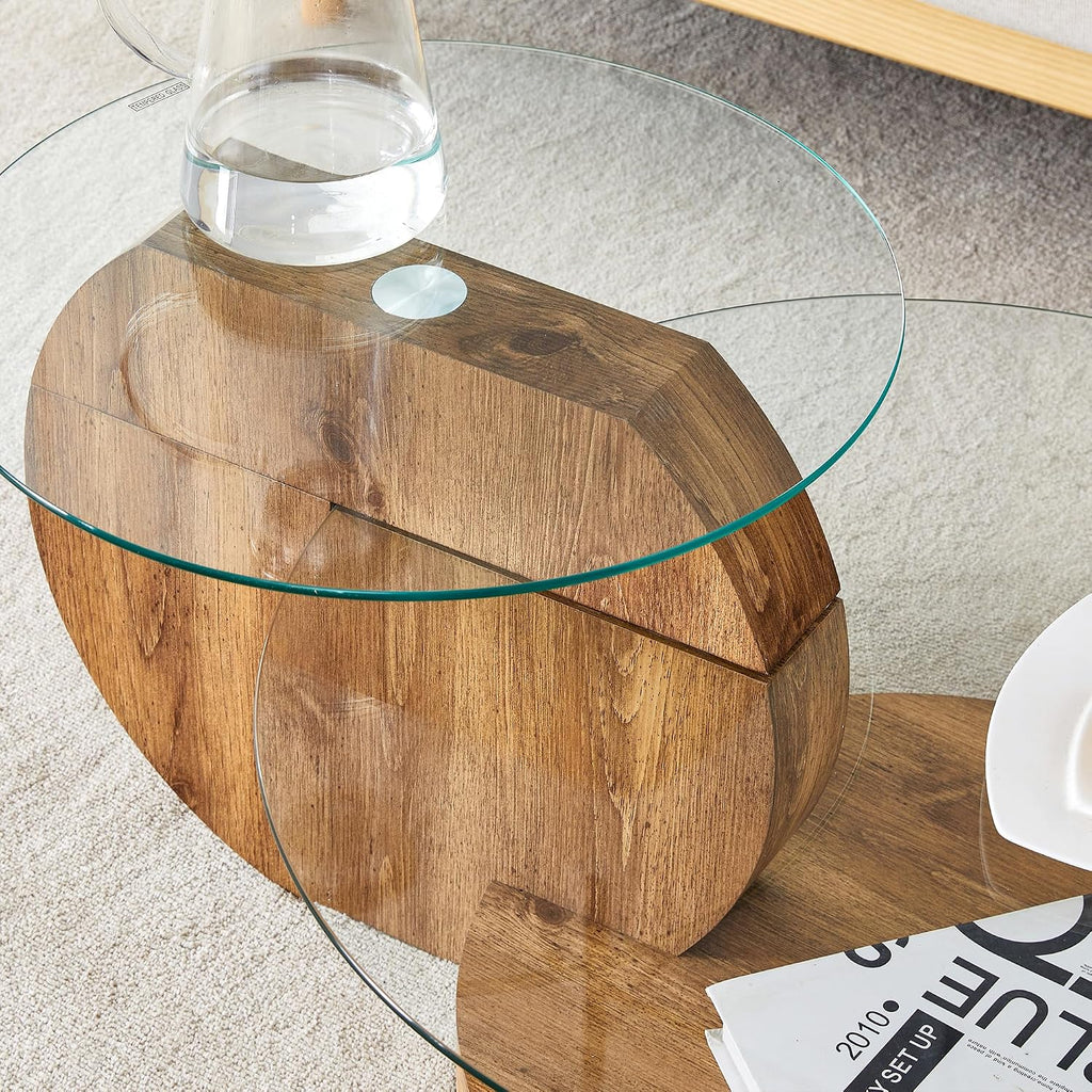 Glass Coffee Table 3 Tier Round Coffee Tables Tempered Clear Glass Top and Wood Table with Storage Modern Circle Coffee Table for Living Room (35.4' Wood)