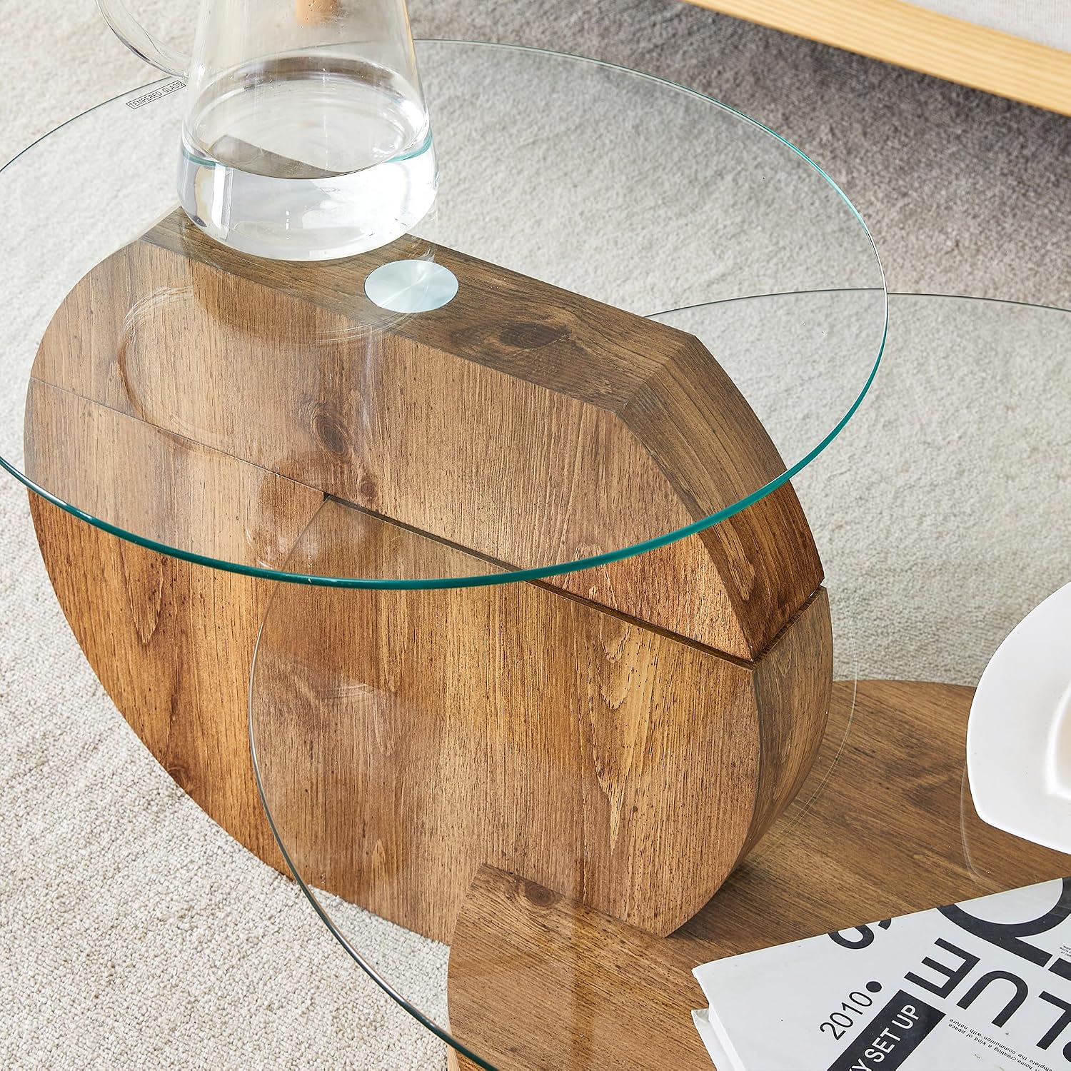 Glass Coffee Table 3 Tier Round Coffee Tables Tempered Clear Glass Top and Wood Table with Storage Modern Circle Coffee Table for Living Room (35.4' Wood)