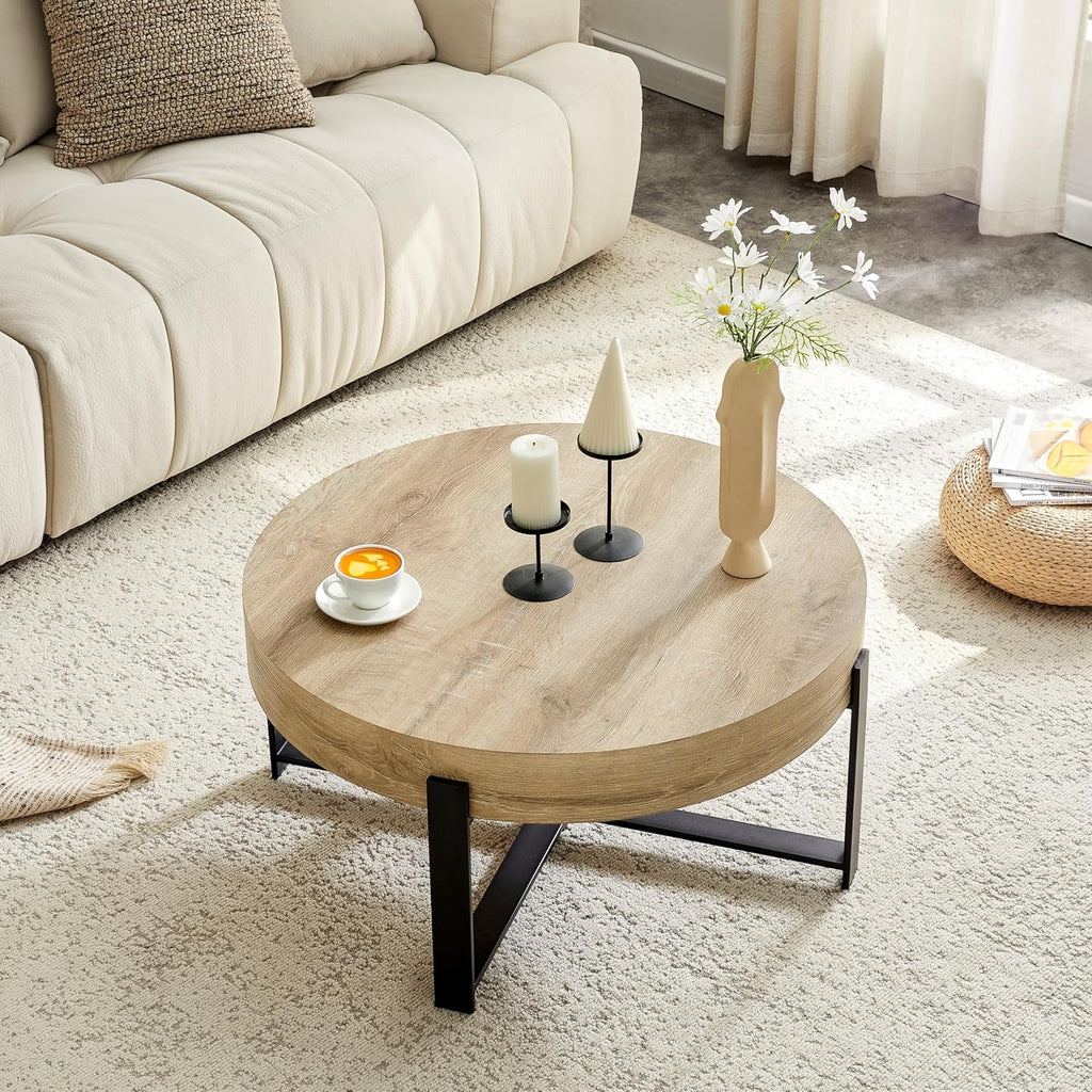 Round Coffee Table, 30.7' Modern Coffee Tables for Living Room, Circular Wooden Center Tea Table with Metal Legs for Apartment Office Small Space, Natural