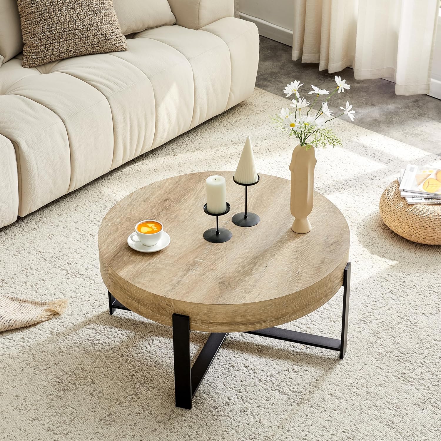 Round Coffee Table, 30.7' Modern Coffee Tables for Living Room, Circular Wooden Center Tea Table with Metal Legs for Apartment Office Small Space, Natural
