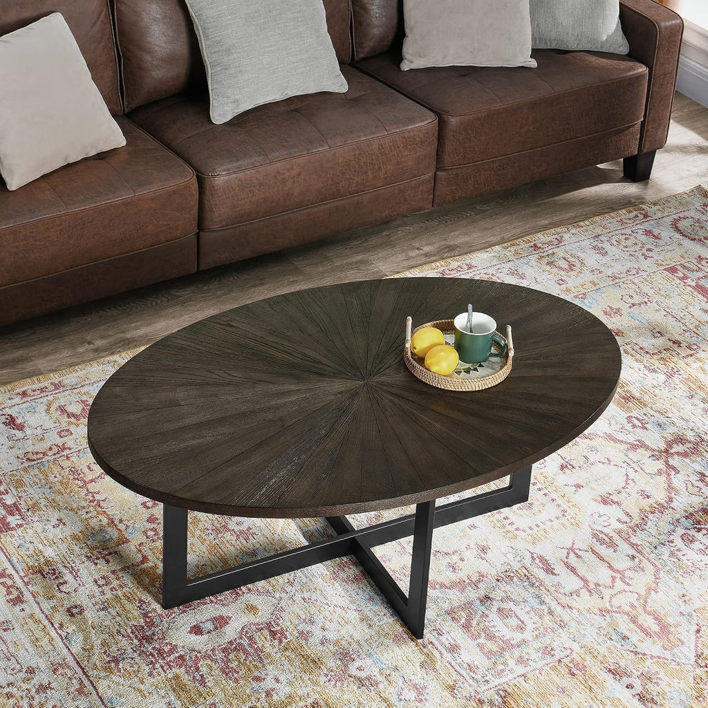 Solid Wood Oval Coffee Table with Cross Metal Legs, 47.9' Industrail Bar Cocktail Table for Living Room Kitchen Office Sofa Table Bristro Table for Cafe/Bar Black 1831BK