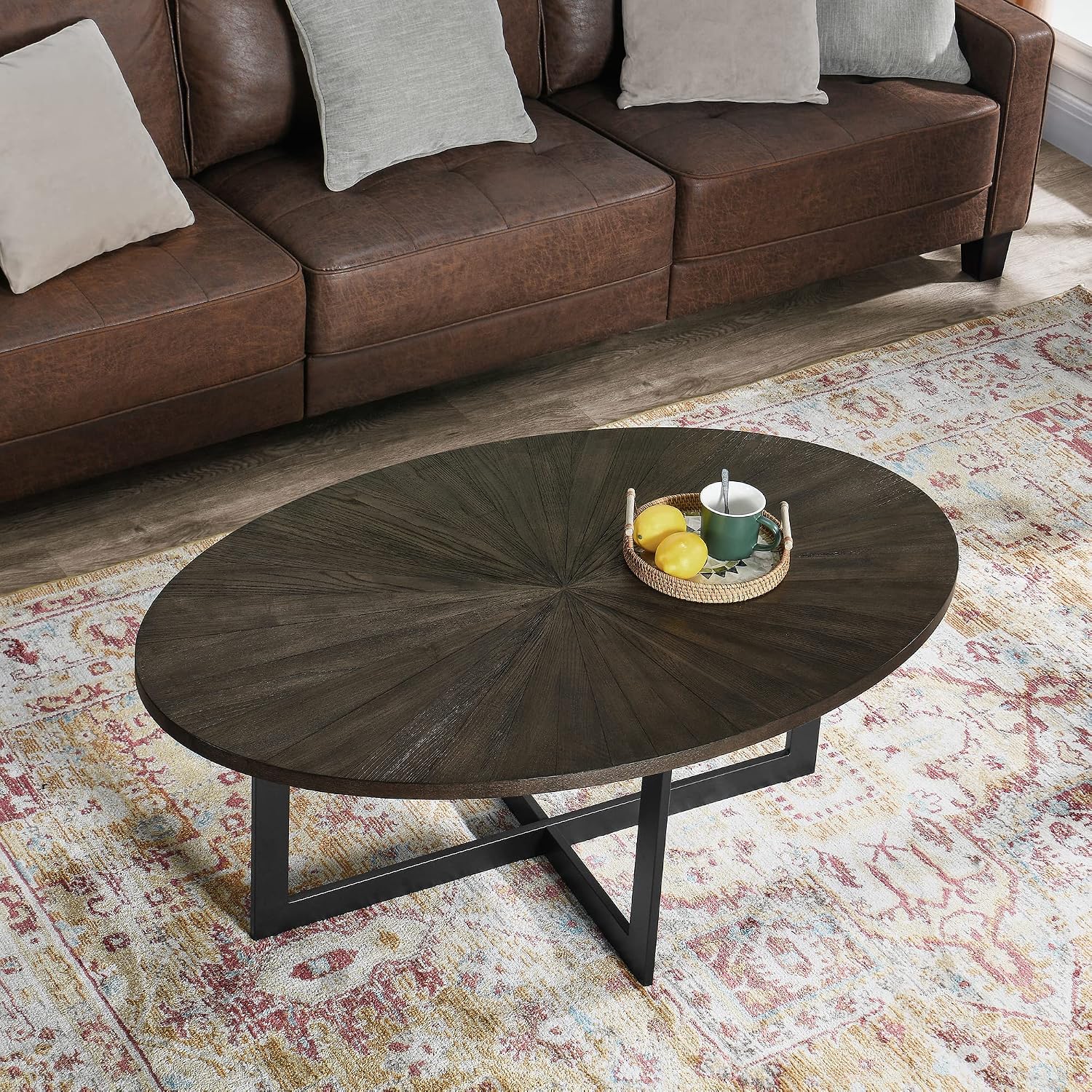 Solid Wood Oval Coffee Table with Cross Metal Legs, 47.9' Industrail Bar Cocktail Table for Living Room Kitchen Office Sofa Table Bristro Table for Cafe/Bar Black 1831BK