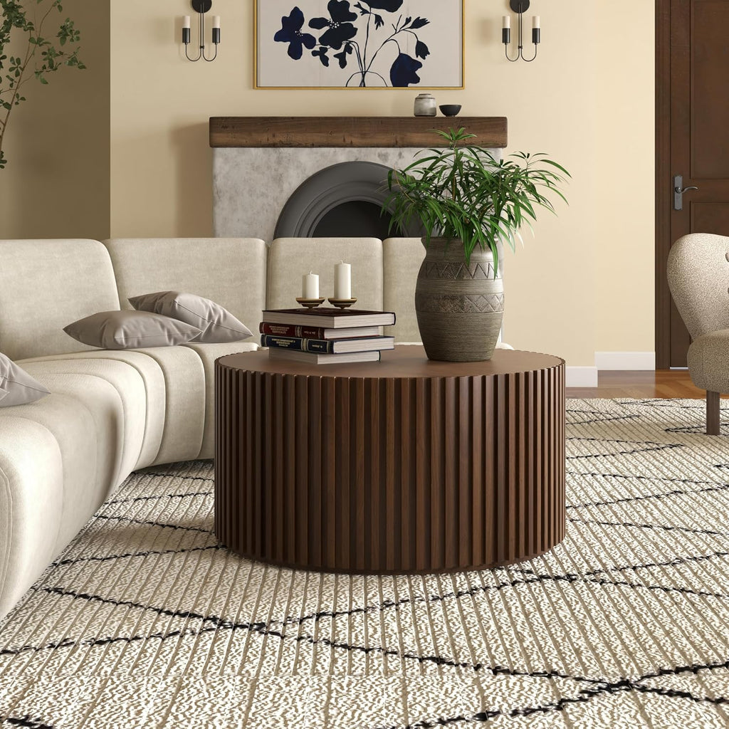POVISON Round Coffee Table,Mid Century Modern Fluted Coffee Table for Living Room Bedroom Office, 31.5', Walnut