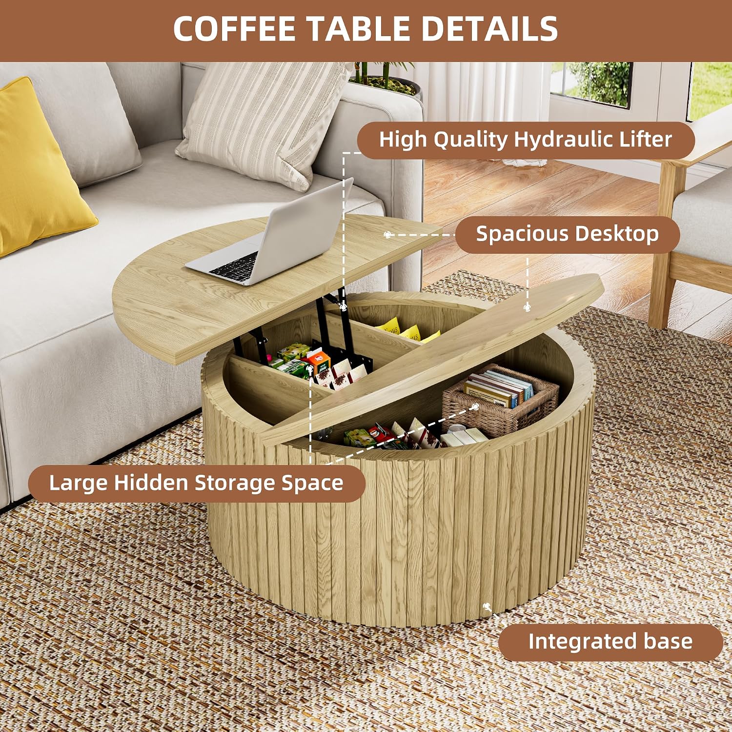 Fsbecl Round Lift Top Coffee Table with Storage, 31.6'' Modern Coffee Tables for Living Room, Fluted Wood Center Table for Office, Small Space (Wood Color)