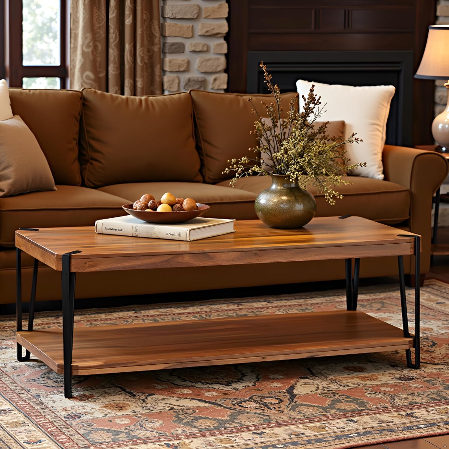Ryegate Large Coffee Table, 48 Inch Natural Solid Acacia Wood with Unique Live Edge and Metal Frame, Industrial Modern Style, Durable Construction with Clear Natural Finish, Ideal for Living Room