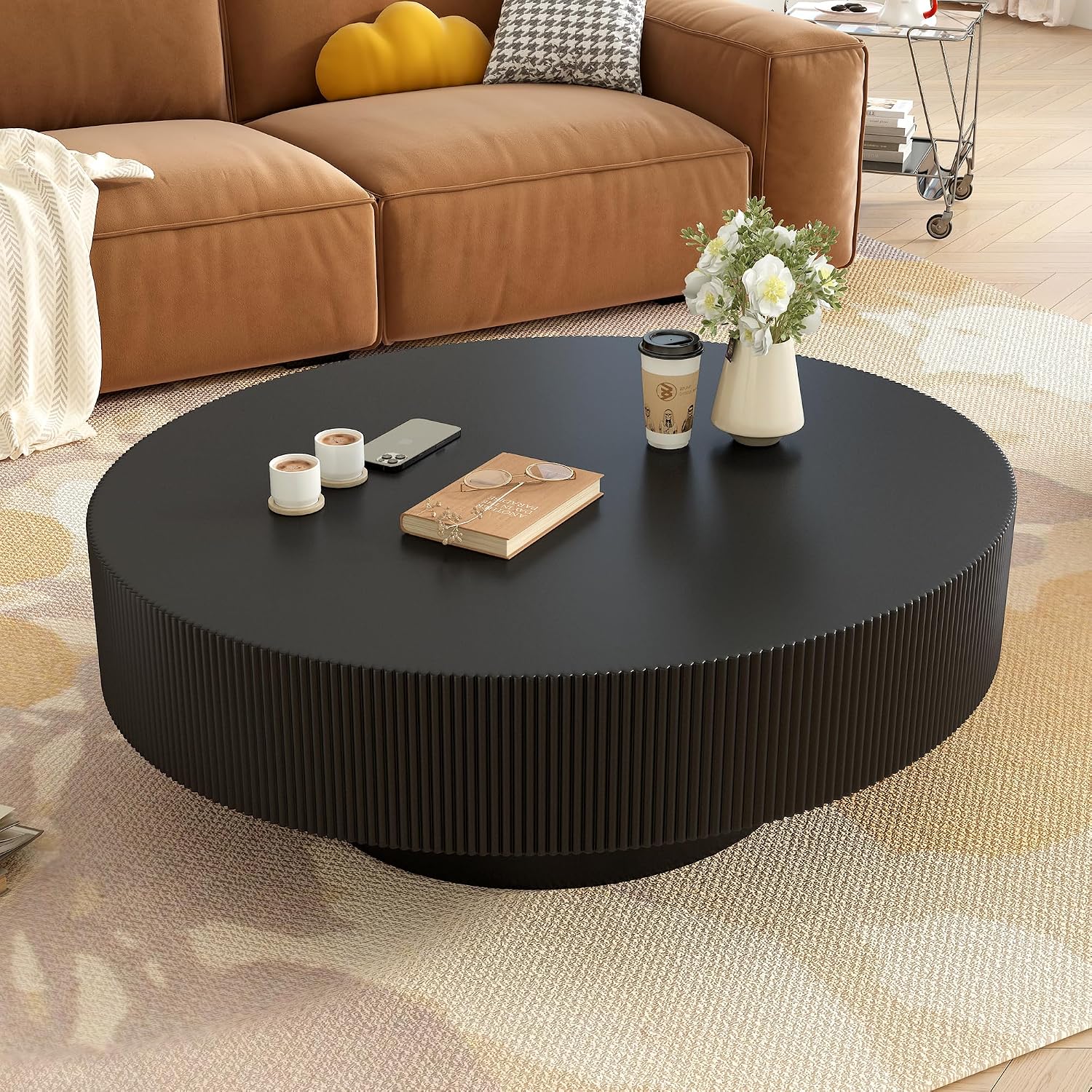 WILLIAMSPACE 31.5' Black Round Coffee Table with 6.8' Thick Tabletop & Sturdy Base, Modern Drum Center Table Circle Accent Side Table for Living Room, Minimalist Fluted Design, Black