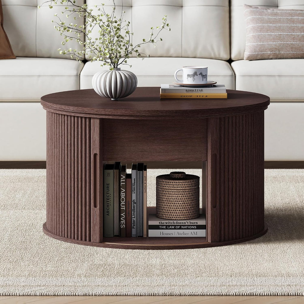 LINSY Lift Top Coffee Table, Round Fluted Coffee Table with Storage, Mid Century Modern Wooden Coffee Tables with Sliding Tambour Door, 31.5' Center Table for Living Room, Office, Small Space, Walnut