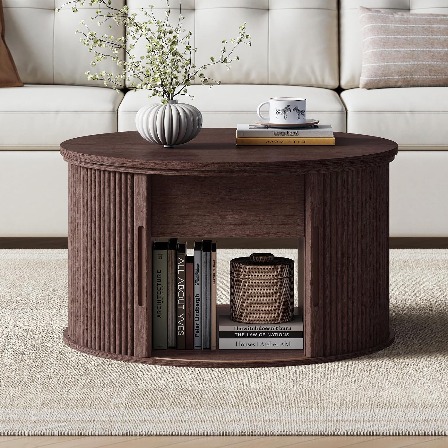 LINSY Lift Top Coffee Table, Round Fluted Coffee Table with Storage, Mid Century Modern Wooden Coffee Tables with Sliding Tambour Door, 31.5' Center Table for Living Room, Office, Small Space, Walnut