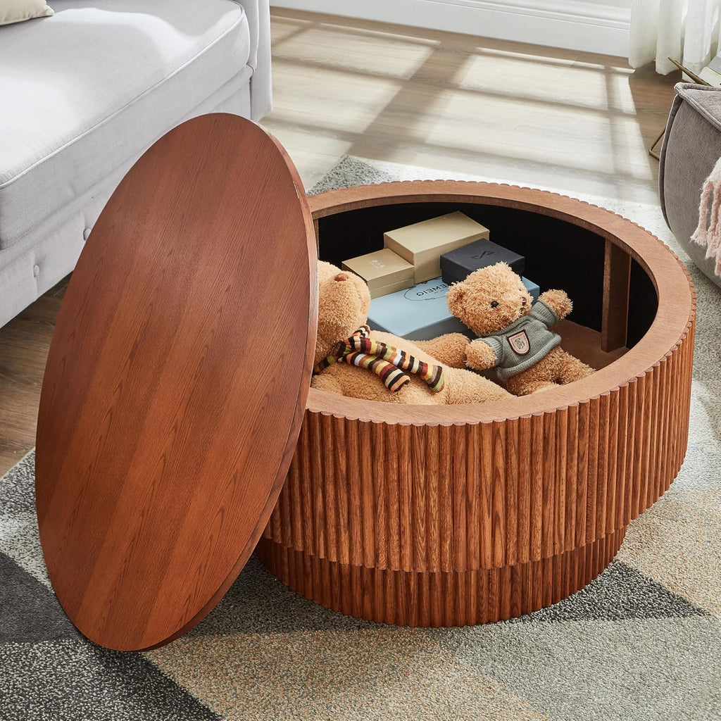 31.49' Wood Round Coffee Table for Living Room, Fluted Circle Coffee Table with Storage, Modern Handcraft Coffee Table for Apartment, Easy Assembly(Espresso, 31.49'x31.49'x15.74')