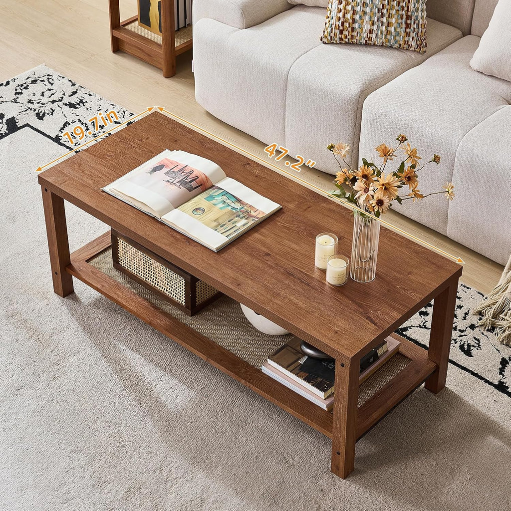 Lerliuo Boho Coffee Table Set of 3, Rattan Coffee and End Table Sets with Charging Station, Living Room Table Set with Open Shelf for Living Room, Tea Brown