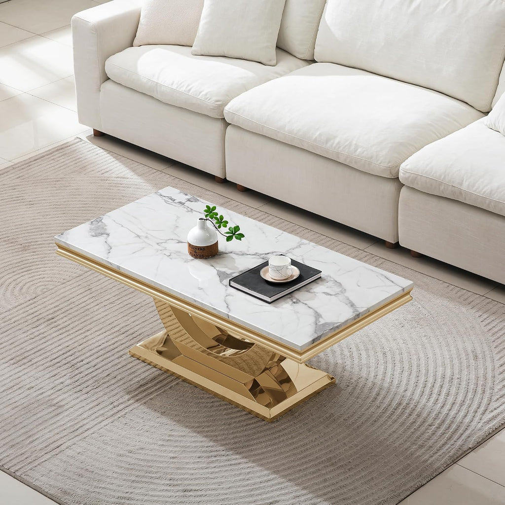 Modern Marble Coffee Table, 47' Rectangular White Coffee Tables with Gold Stainless Steel U-Shaped Base, Faux Marble Center Table Cocktail Tea Tables for Living Room Office Apartment