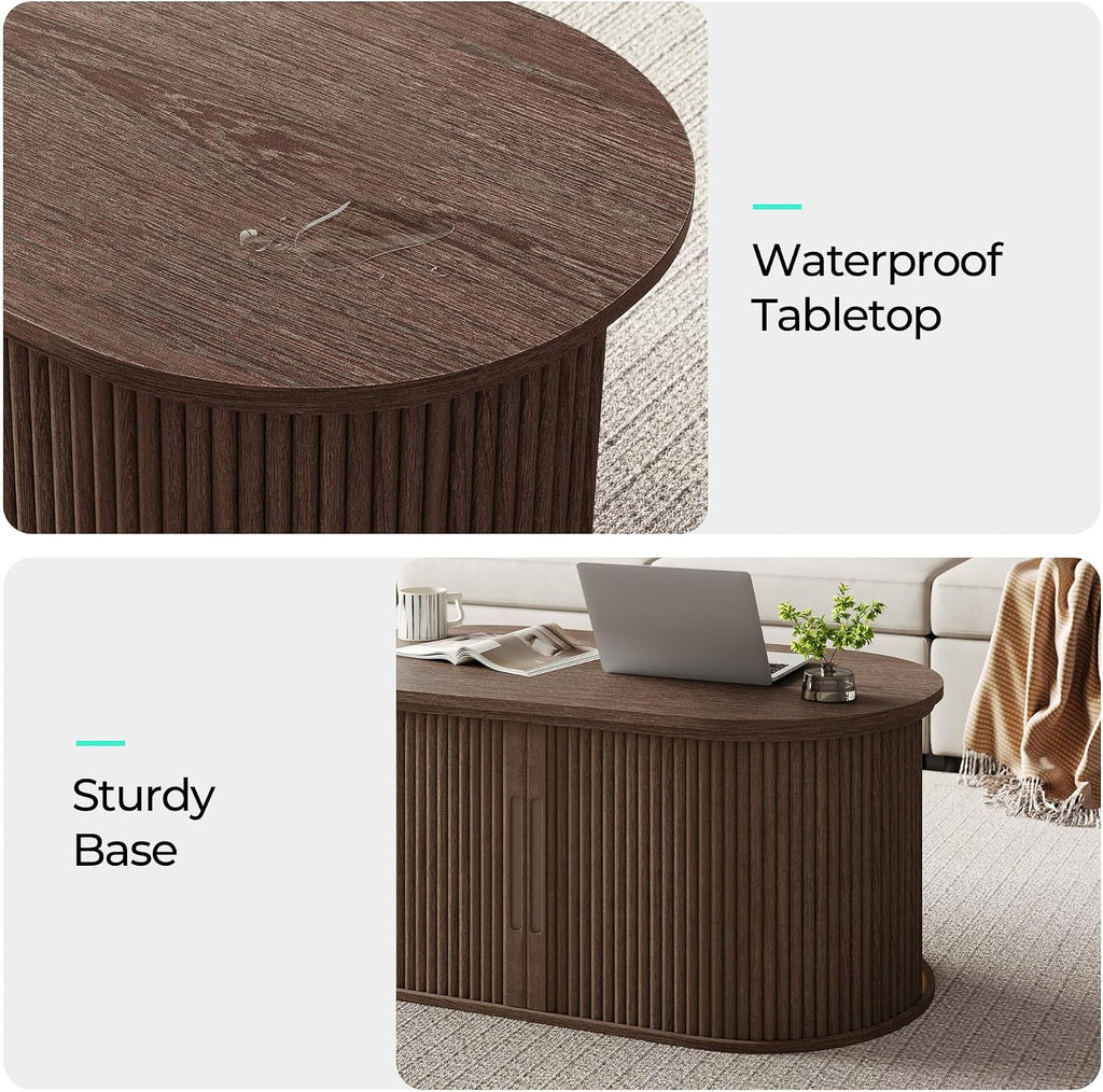 LINSY Lift Top Coffee Table, Oval Fluted Coffee Table with Storage, Mid Century Modern Wooden Coffee Tables with Sliding Tambour Door, 39' Center Table for Living Room, Office, Small Space, Walnut