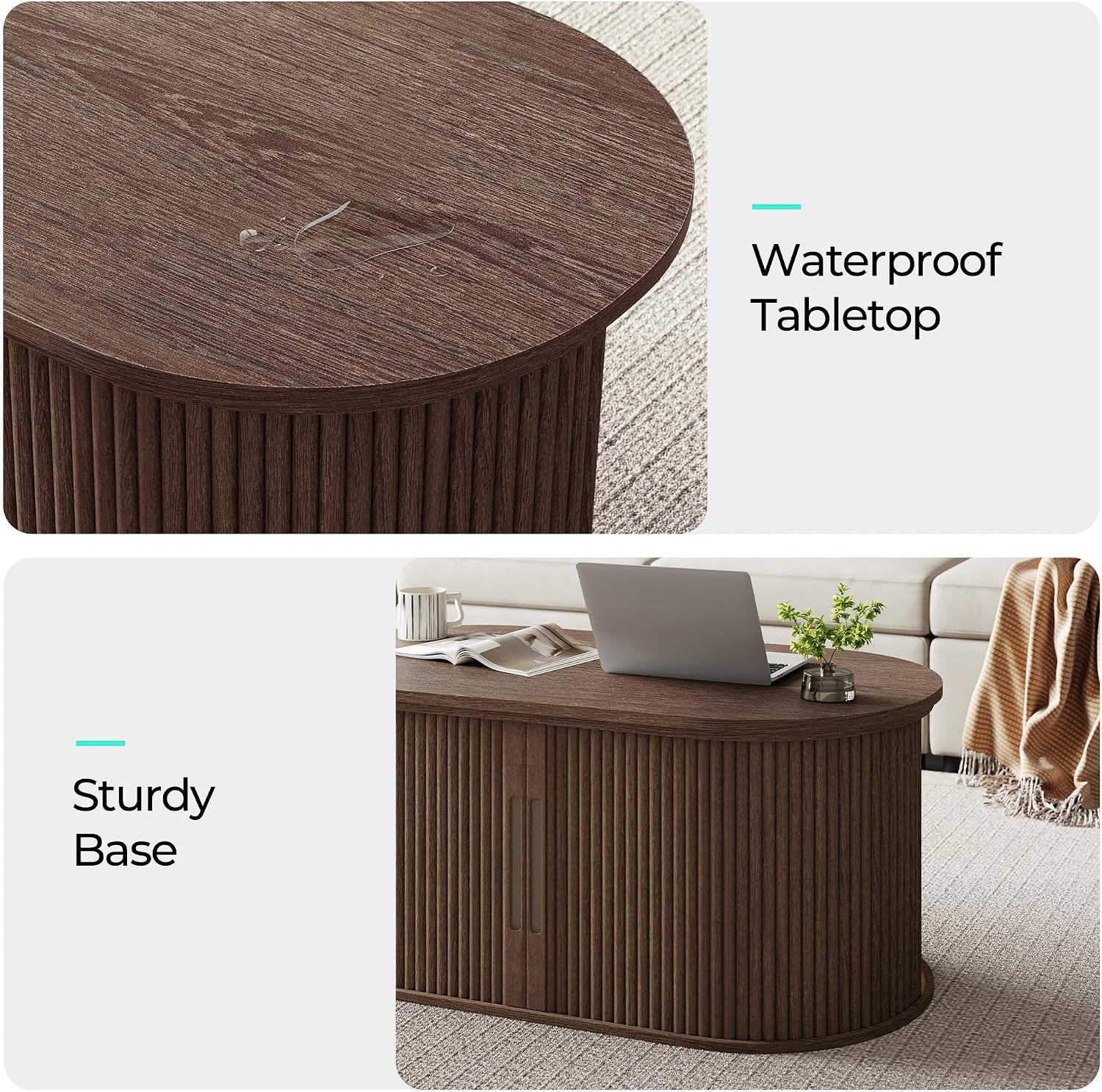 LINSY Lift Top Coffee Table, Oval Fluted Coffee Table with Storage, Mid Century Modern Wooden Coffee Tables with Sliding Tambour Door, 39' Center Table for Living Room, Office, Small Space, Walnut