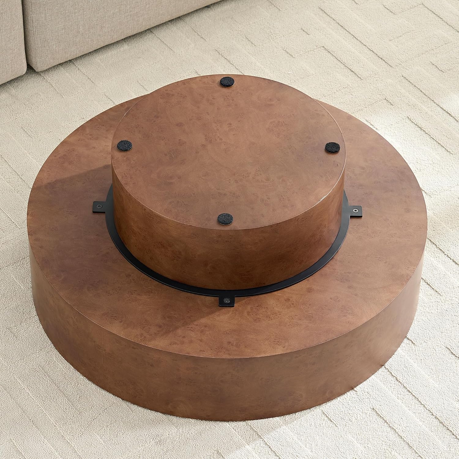 WILLIAMSPACE 31.49' Round Coffee Table with Faux Burl Wood Veneer & Pedestal, Modern Wood Circle Drum Center Table for Living Room, Circular Accent Side End Table for Apartment, 13.77' H (Walnut)