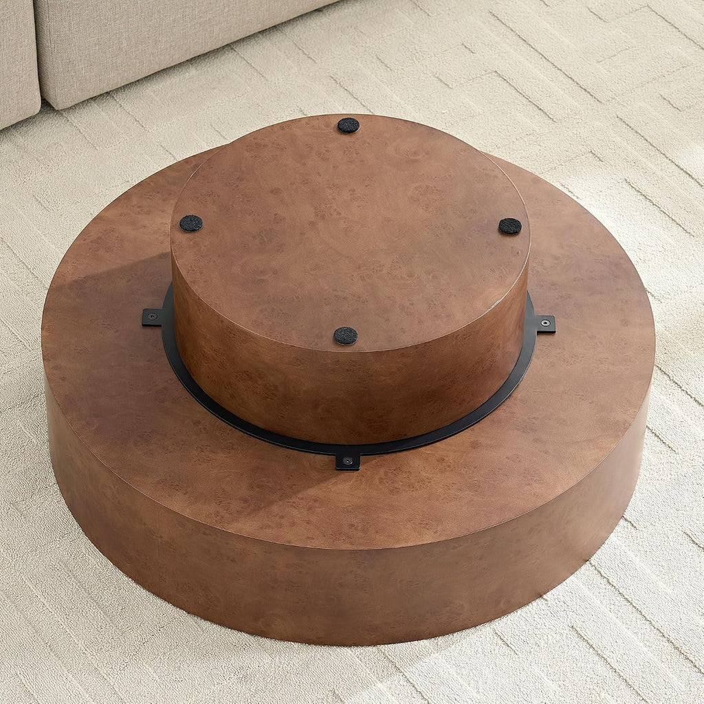 31.49'' Round Coffee Table Modern Wood Coffee Table for Living Room, Contemporary Circle Drum Pedestal Style, Faux Burl Wood Veneer Pattern, Easy Assembly, Walnut