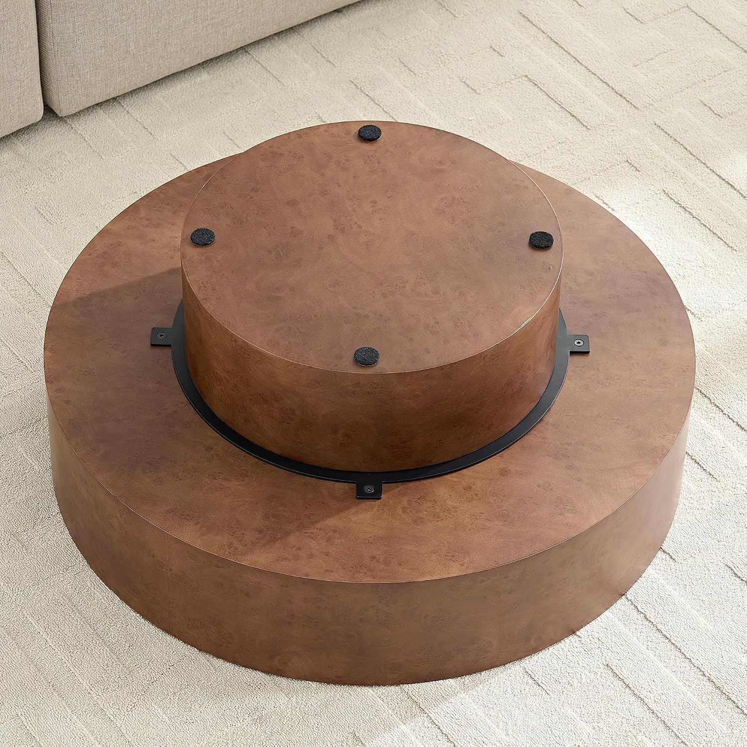 31.49'' Round Coffee Table Modern Wood Coffee Table for Living Room, Contemporary Circle Drum Pedestal Style, Faux Burl Wood Veneer Pattern, Easy Assembly, Walnut
