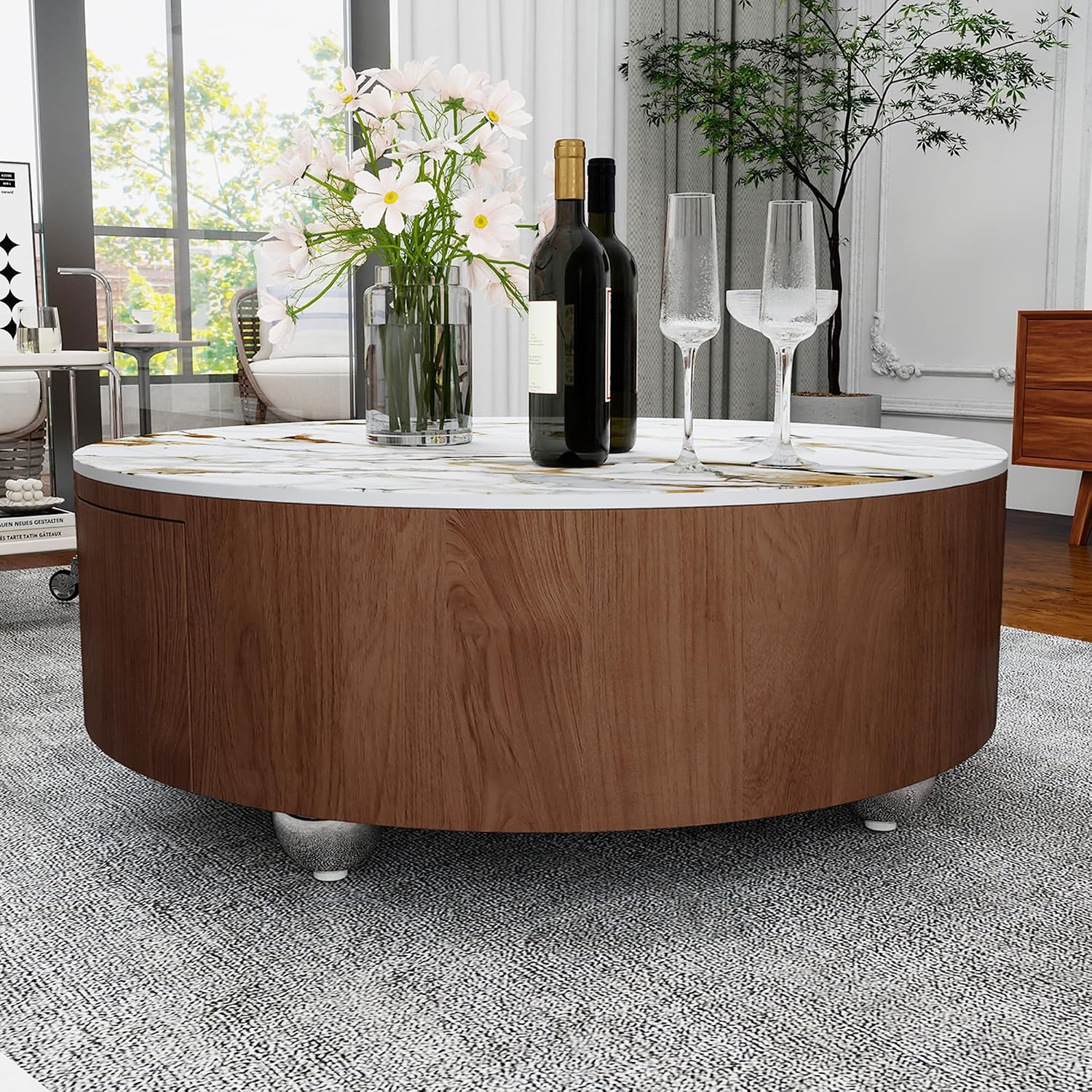 35' Round Coffee Table with Storage,Faux Marble Coffee Table with Drawers and Sintered Stone Top,Circle Coffee Table,Modern Center Tables for Living Room(Walnu,White)