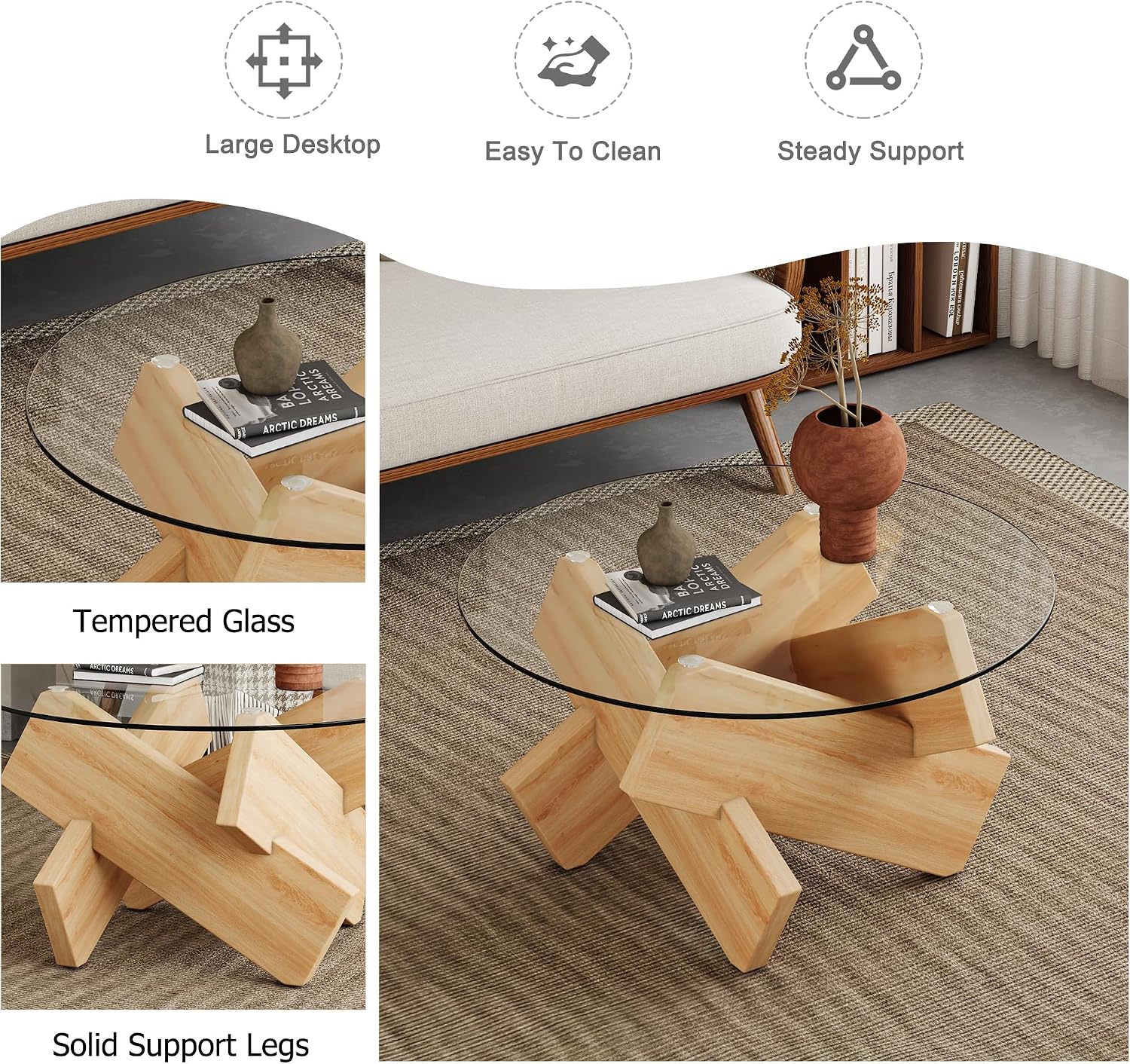 33.4'' Tempered Glass Round Coffee Table for Living Room, Modern Circle Coffee Table, Glass Tabletop & Wood Base, Easy Assembly, Transparent