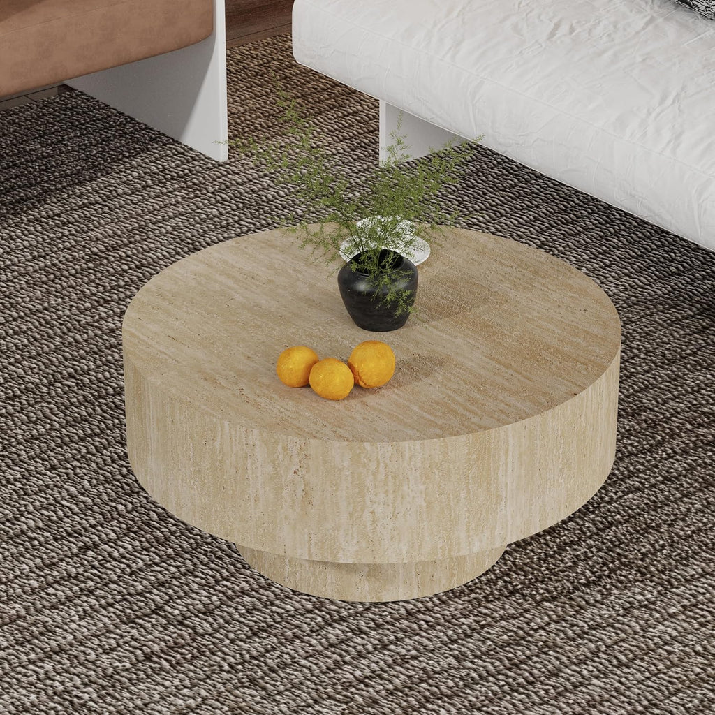 Round Fluted Coffee Table Round Drum Coffee Table for Living Room Modern Circular Pedestal Center Table (Circle Travertine 29.9in)
